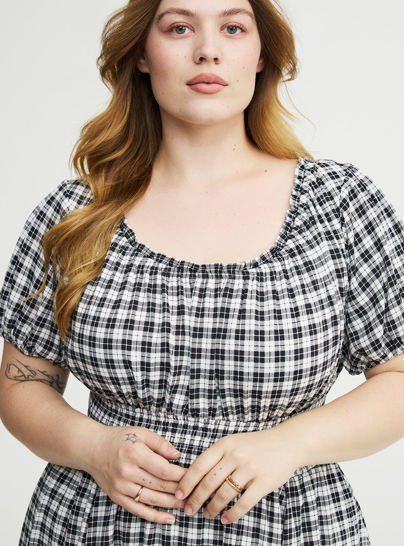 Crinkle Gauze Puff Sleeve Romper, ABBEY PLAID BLACK, alternate