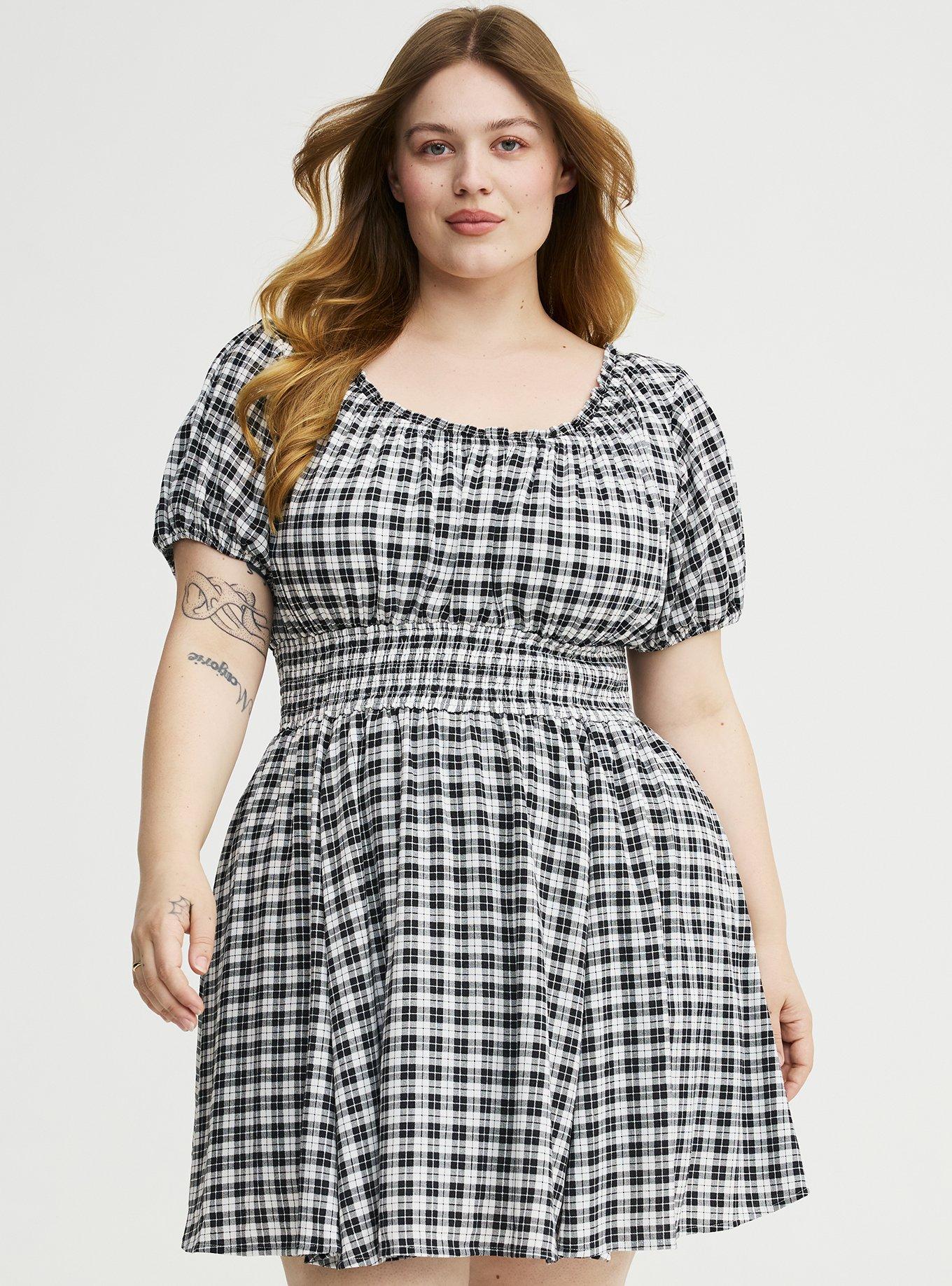 Crinkle Gauze Puff Sleeve Romper, ABBEY PLAID BLACK, hi-res