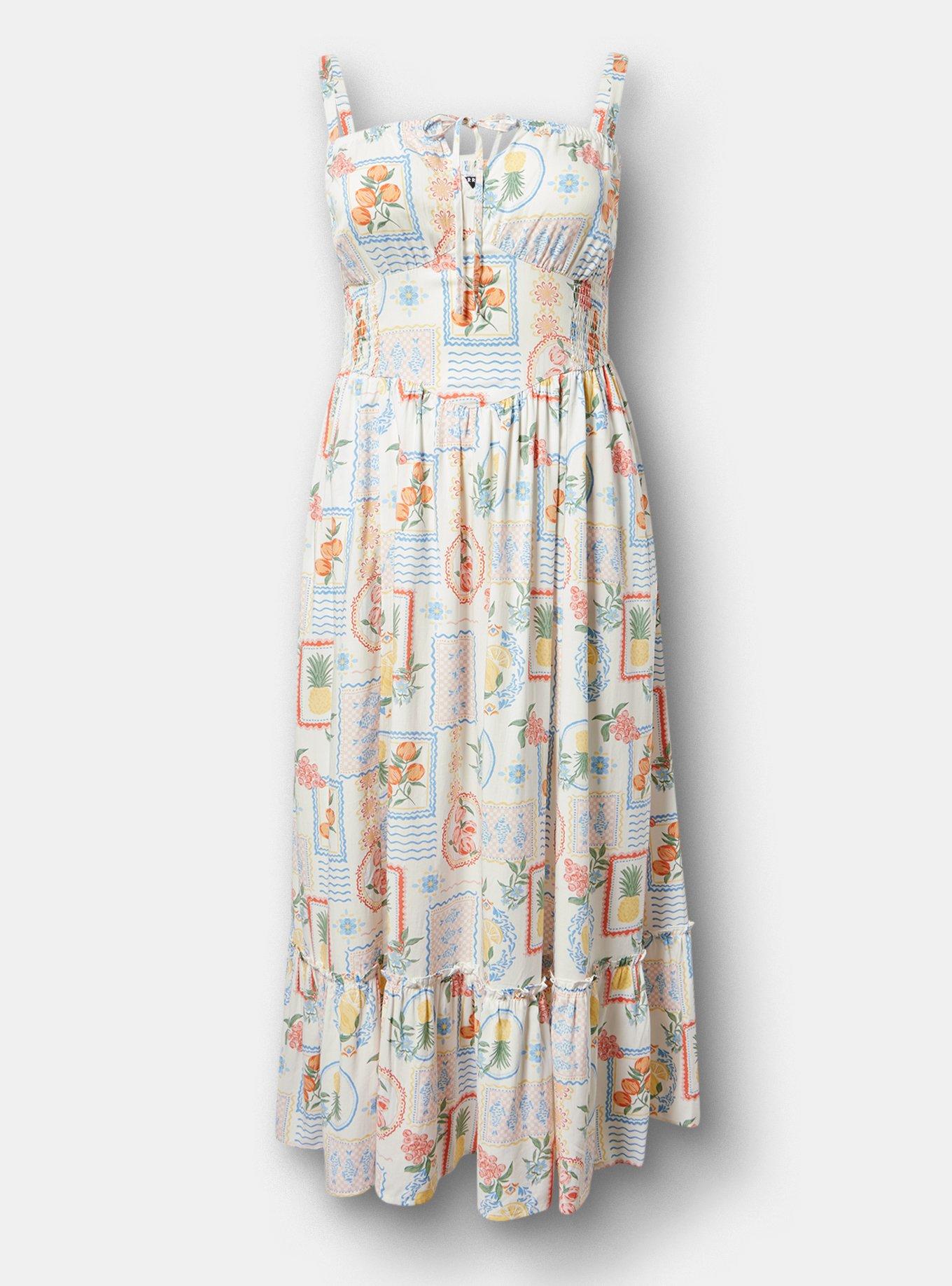 Smocked Detail Maxi Dress, VACATION STAMPS WHITE, hi-res