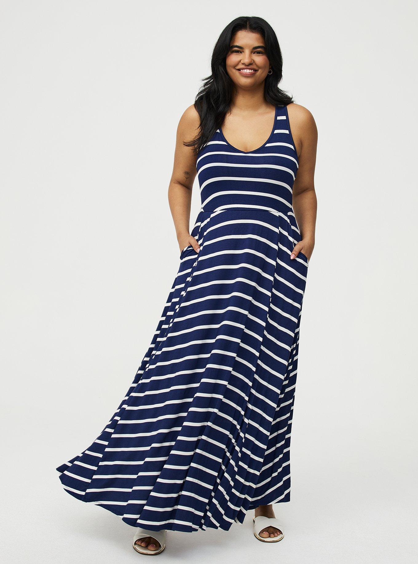 Super Soft Jersey V-Neck Maxi Dress, BEACON STRIPE NAVY, hi-res