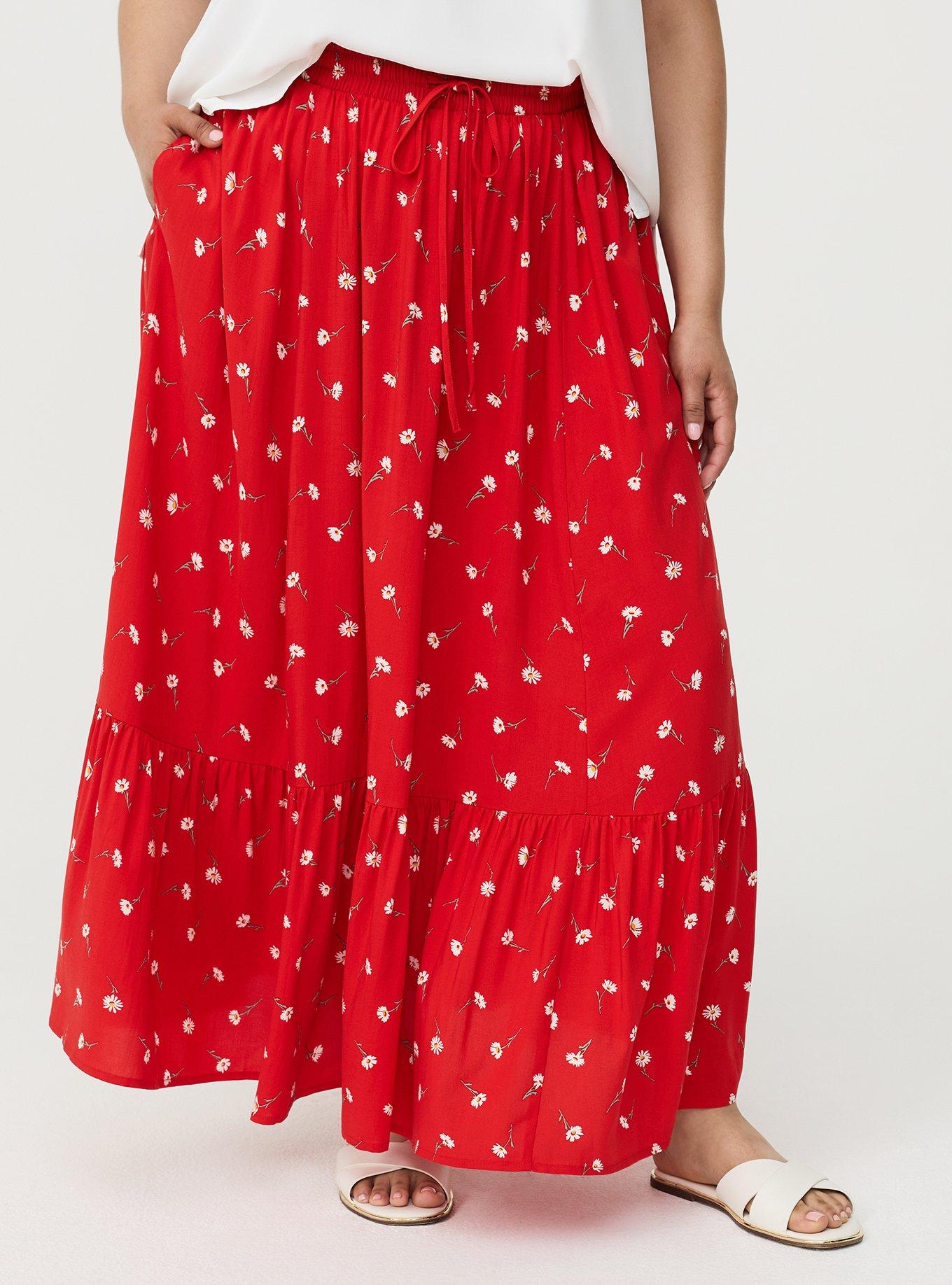Tiered Challis Maxi Skirt, DARA DAISIES FLORAL RED, alternate