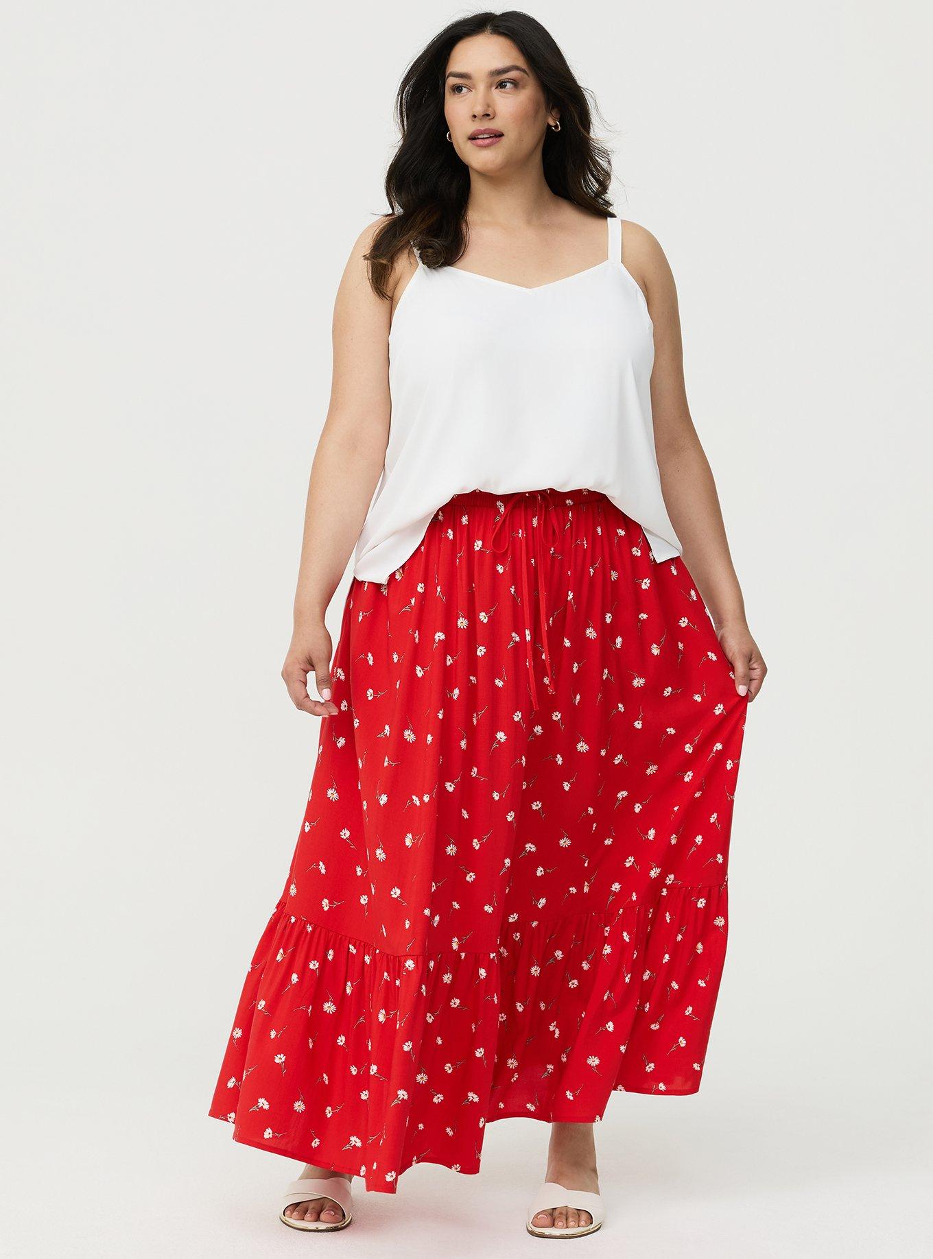 Tiered Challis Maxi Skirt, DARA DAISIES FLORAL RED, alternate