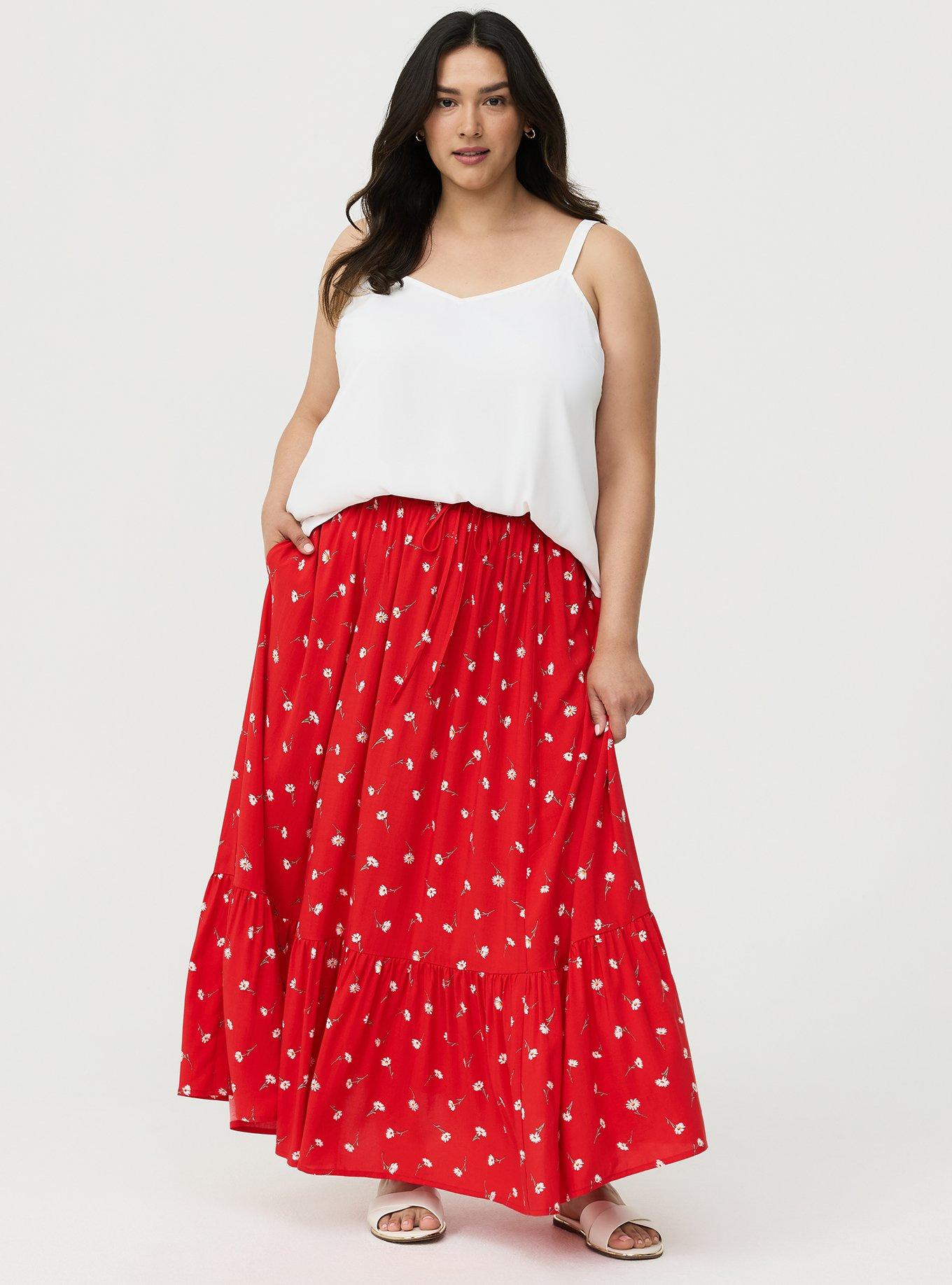 Tiered Challis Maxi Skirt, DARA DAISIES FLORAL RED, hi-res
