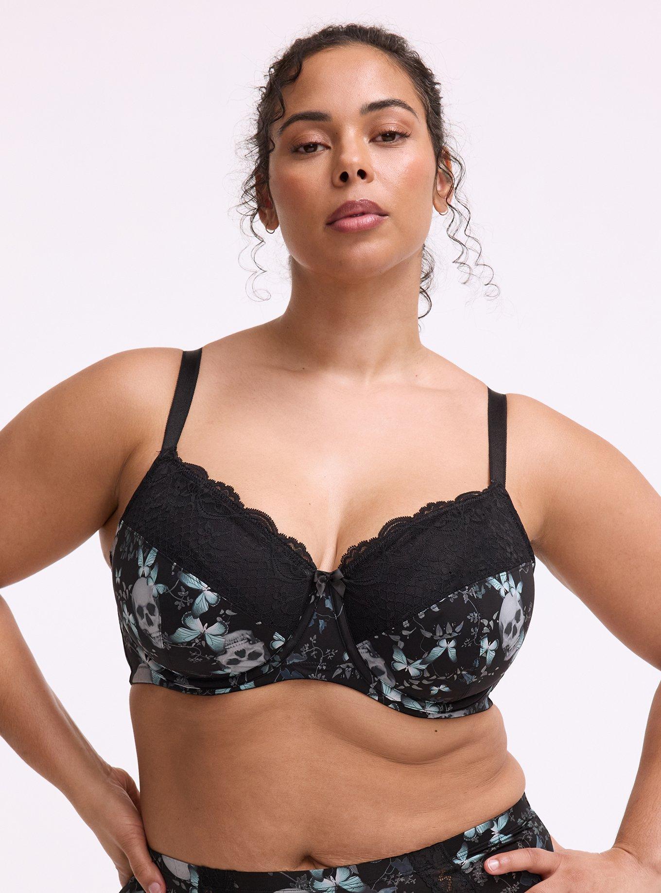 Full Coverage Unlined Lace Trim Bra, MONARCH SKULLS BLACK, hi-res
