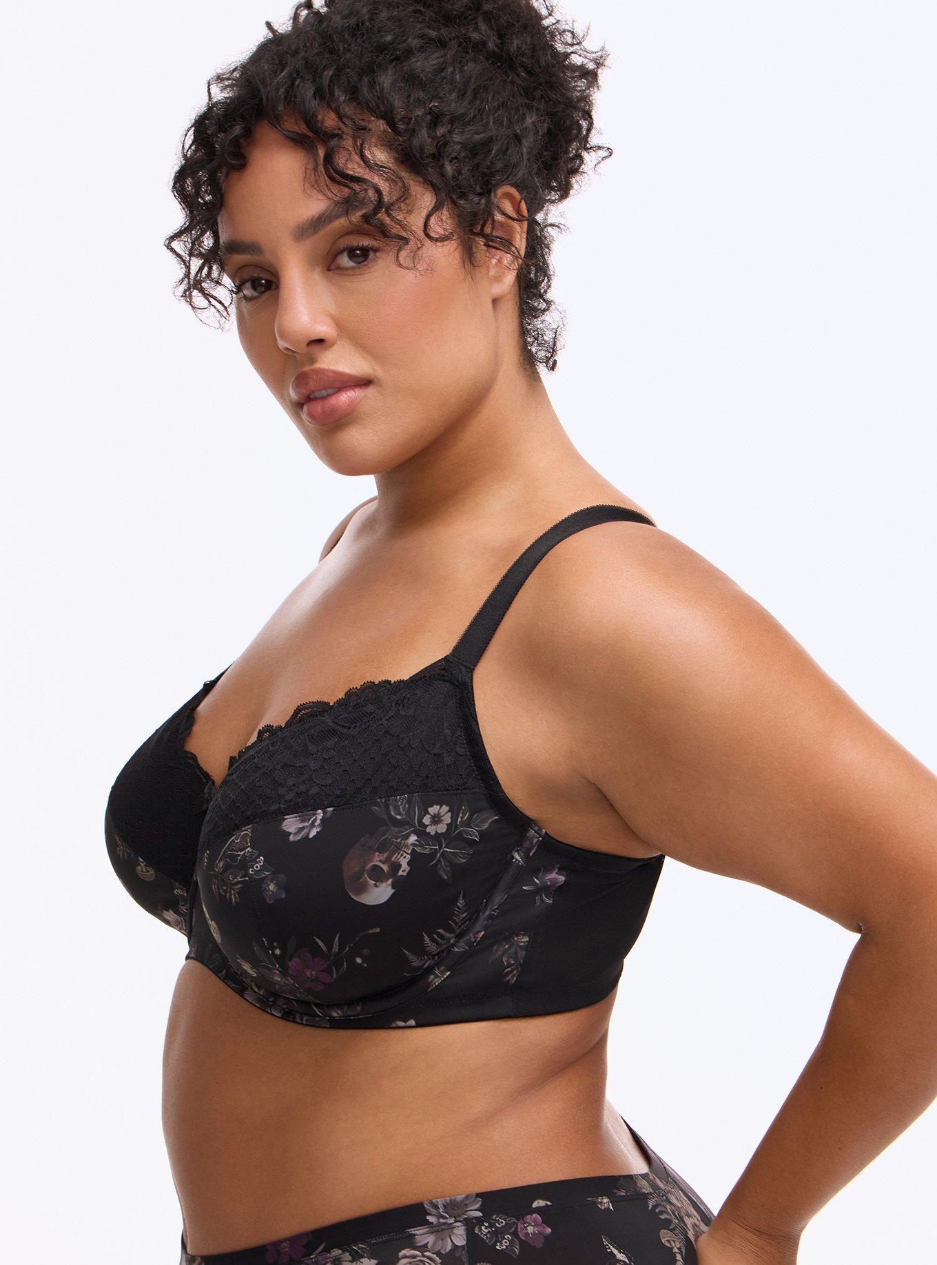 Plus Size Full Coverage Unlined Lace Trim Bra, SKULL FOREST FLORAL BLACK, alternate
