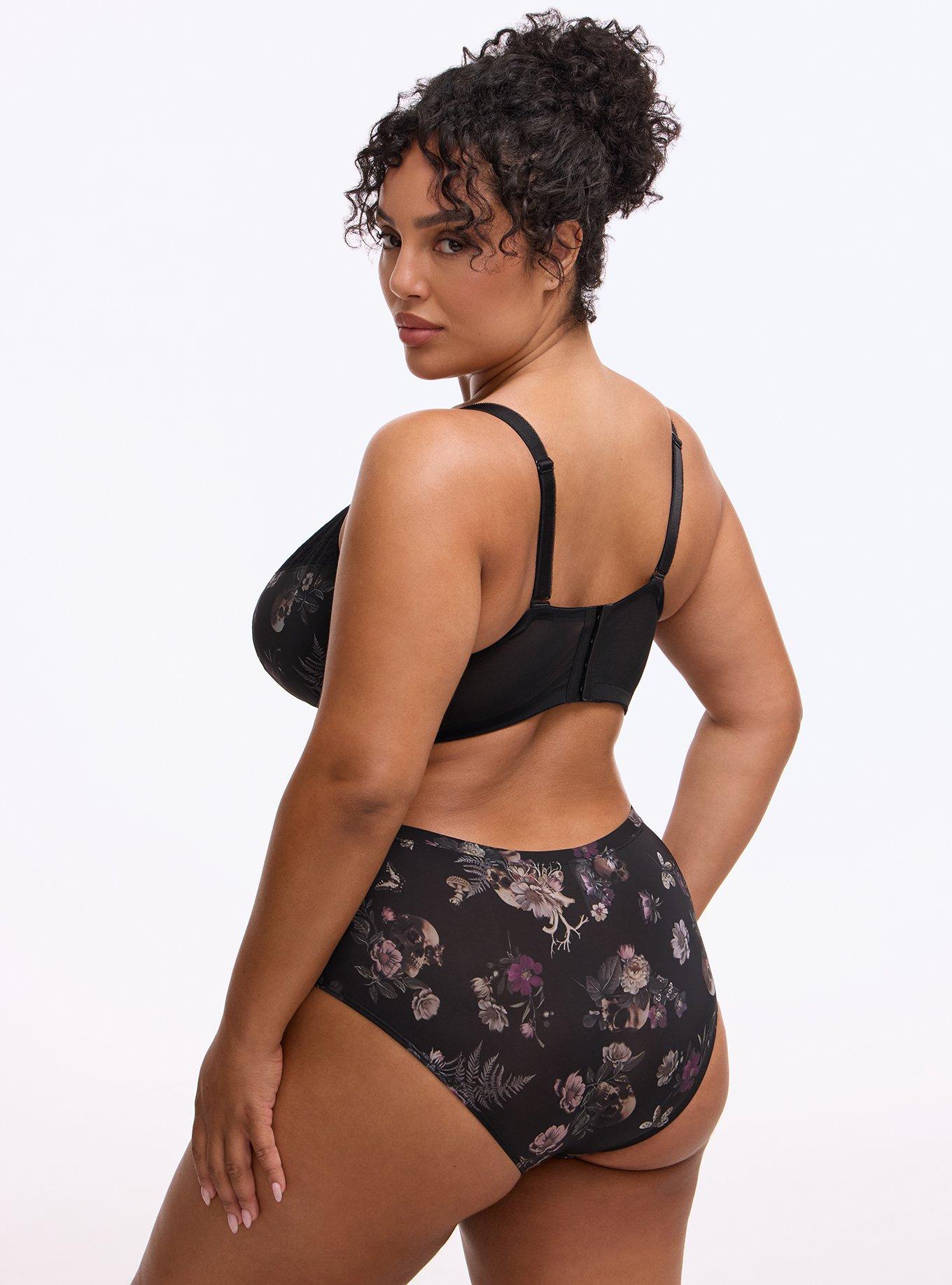 Plus Size Full Coverage Unlined Lace Trim Bra, SKULL FOREST FLORAL BLACK, alternate