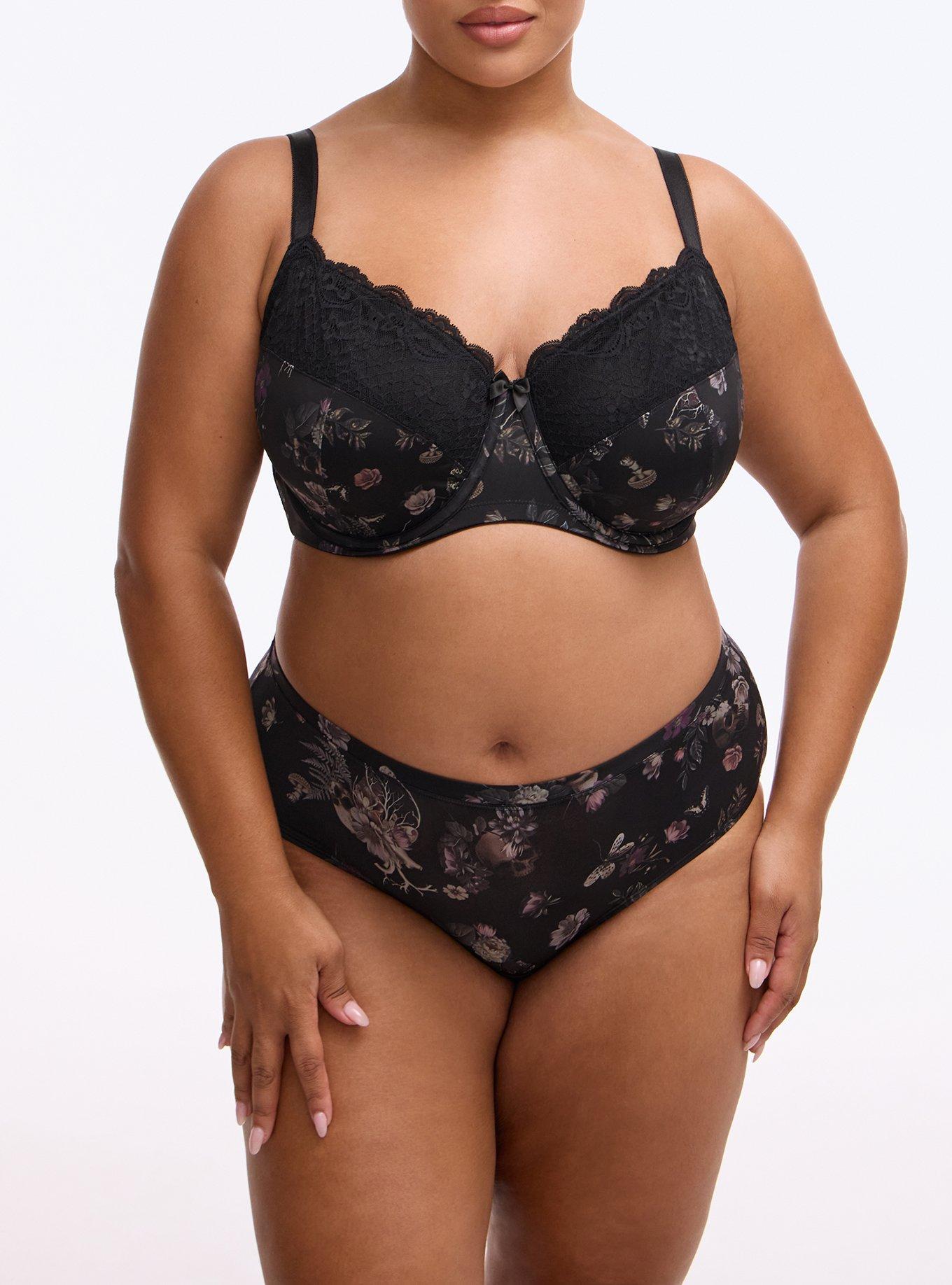 Plus Size Full Coverage Unlined Lace Trim Bra, SKULL FOREST FLORAL BLACK, alternate