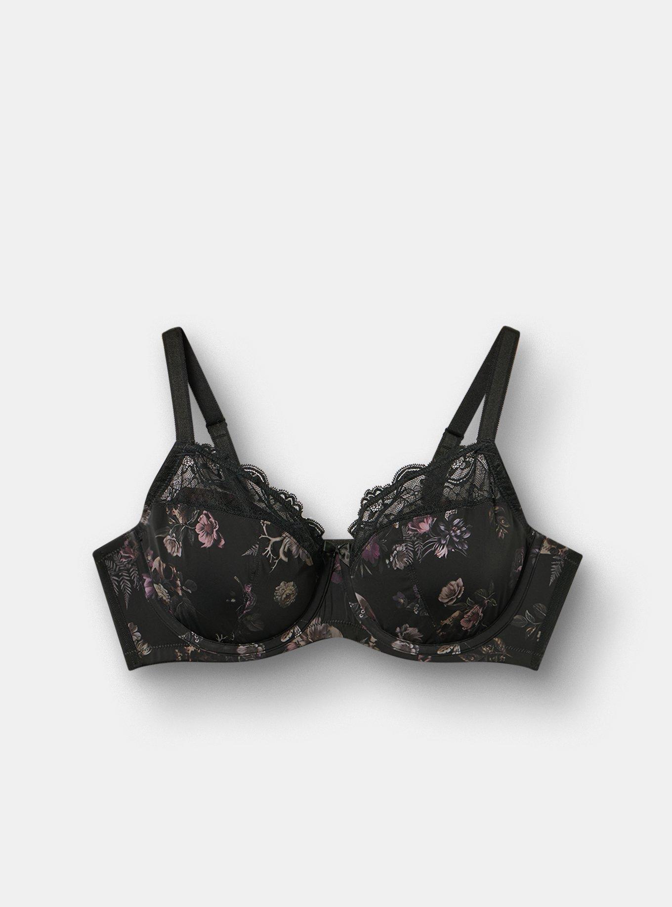 Plus Size Full Coverage Unlined Lace Trim Bra, SKULL FOREST FLORAL BLACK, flat