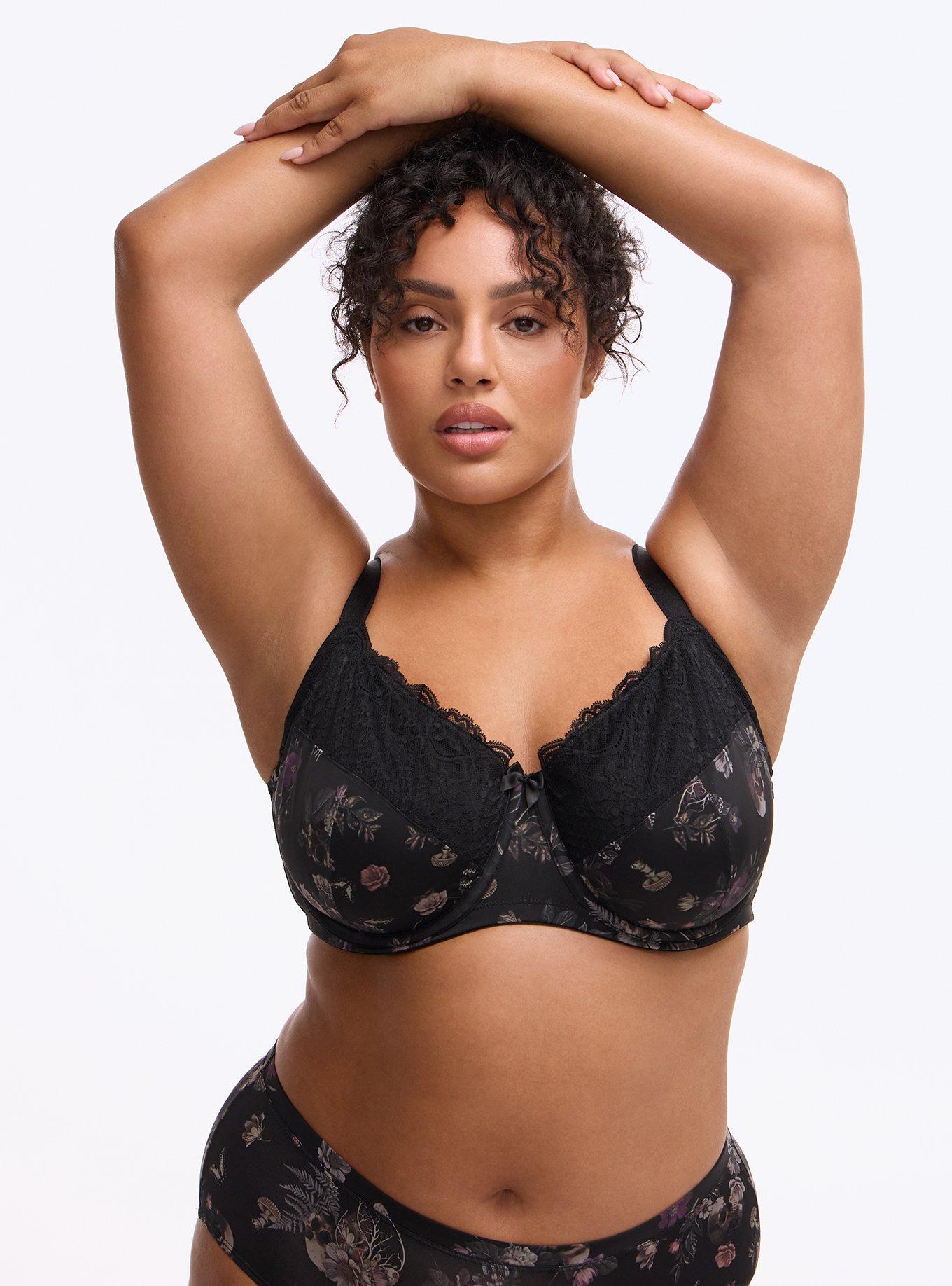 Plus Size Full Coverage Unlined Lace Trim Bra, SKULL FOREST FLORAL BLACK, hi-res