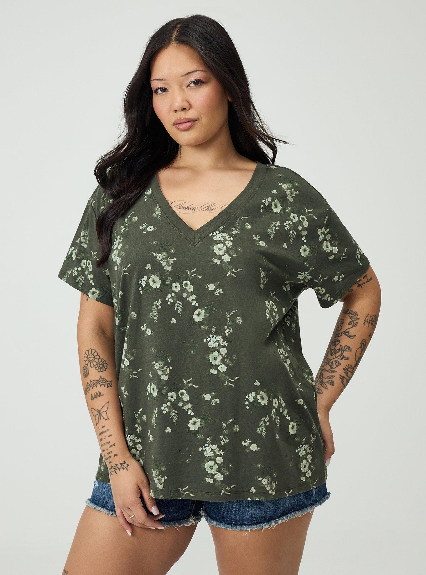 Heritage Slub V-Neck Relaxed Tee, DITSY RAIN OLIVE, hi-res