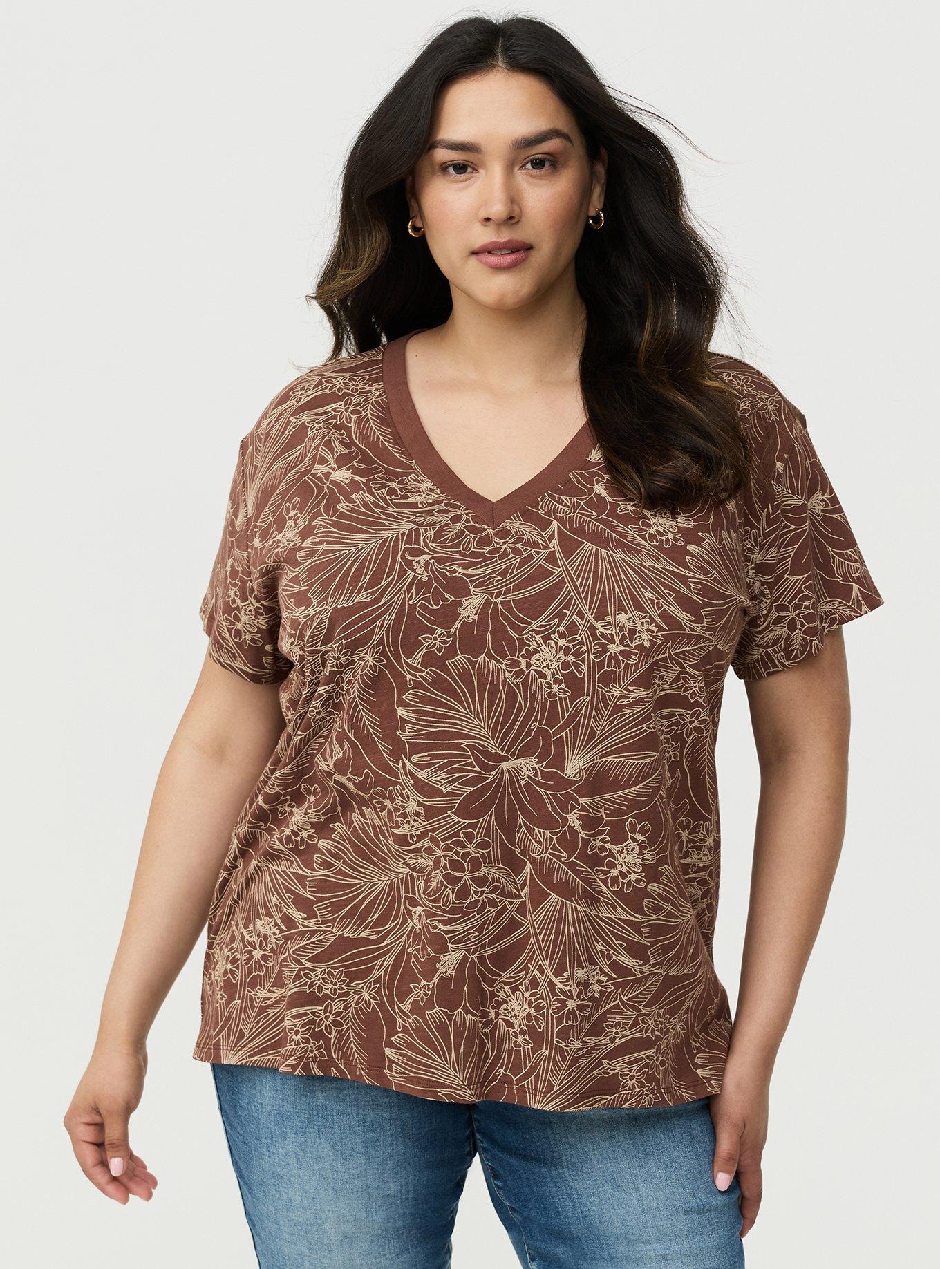 Heritage Slub V-Neck Relaxed Tee, LINEWORK TROPICAL BROWNE, hi-res