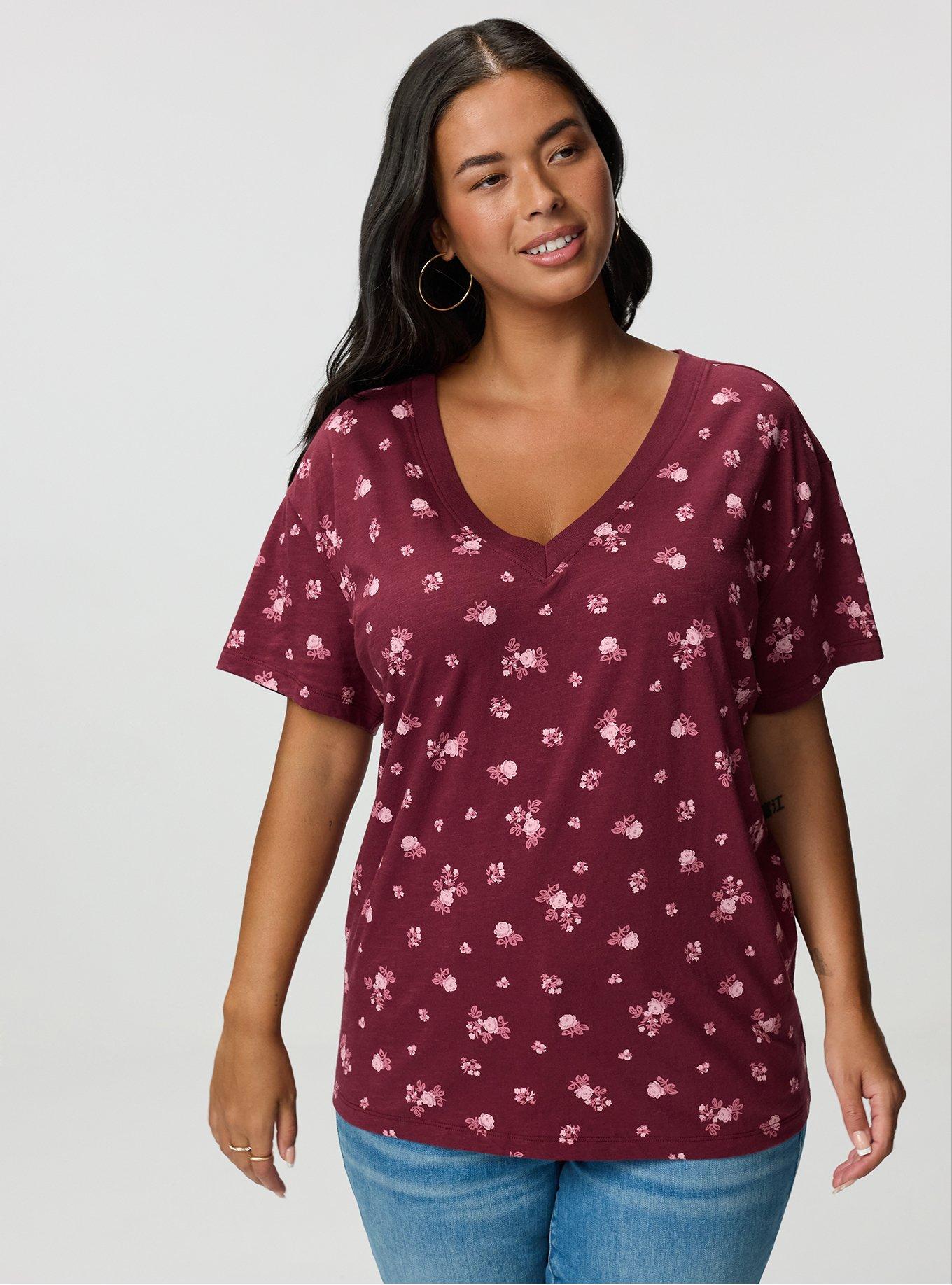 Heritage Slub V-Neck Relaxed Tee, MEG DITSY FLORAL BURGUNDY, hi-res
