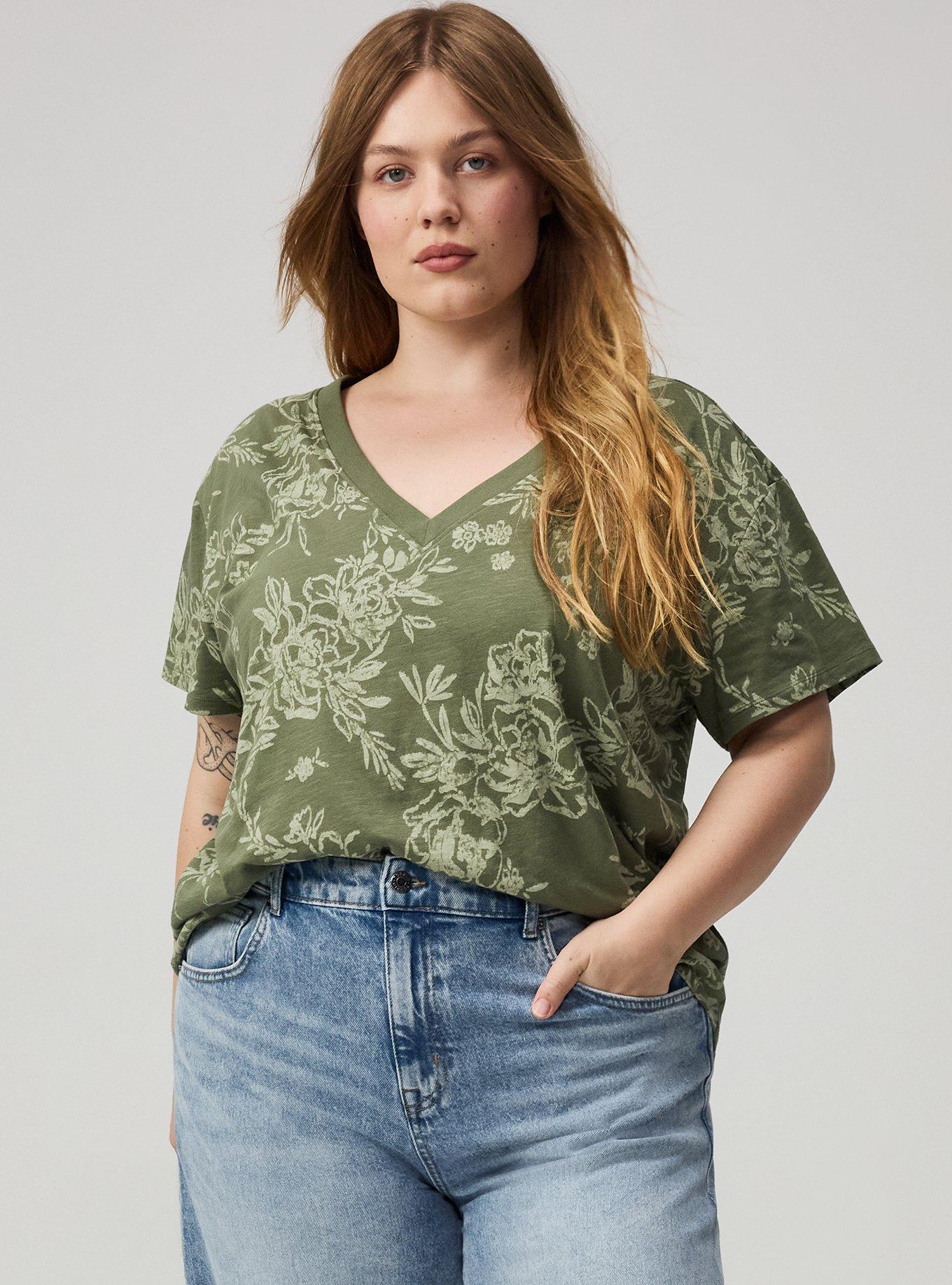 Plus Size Heritage Slub V-Neck Relaxed Tee, BENITA FLORAL GREEN, alternate