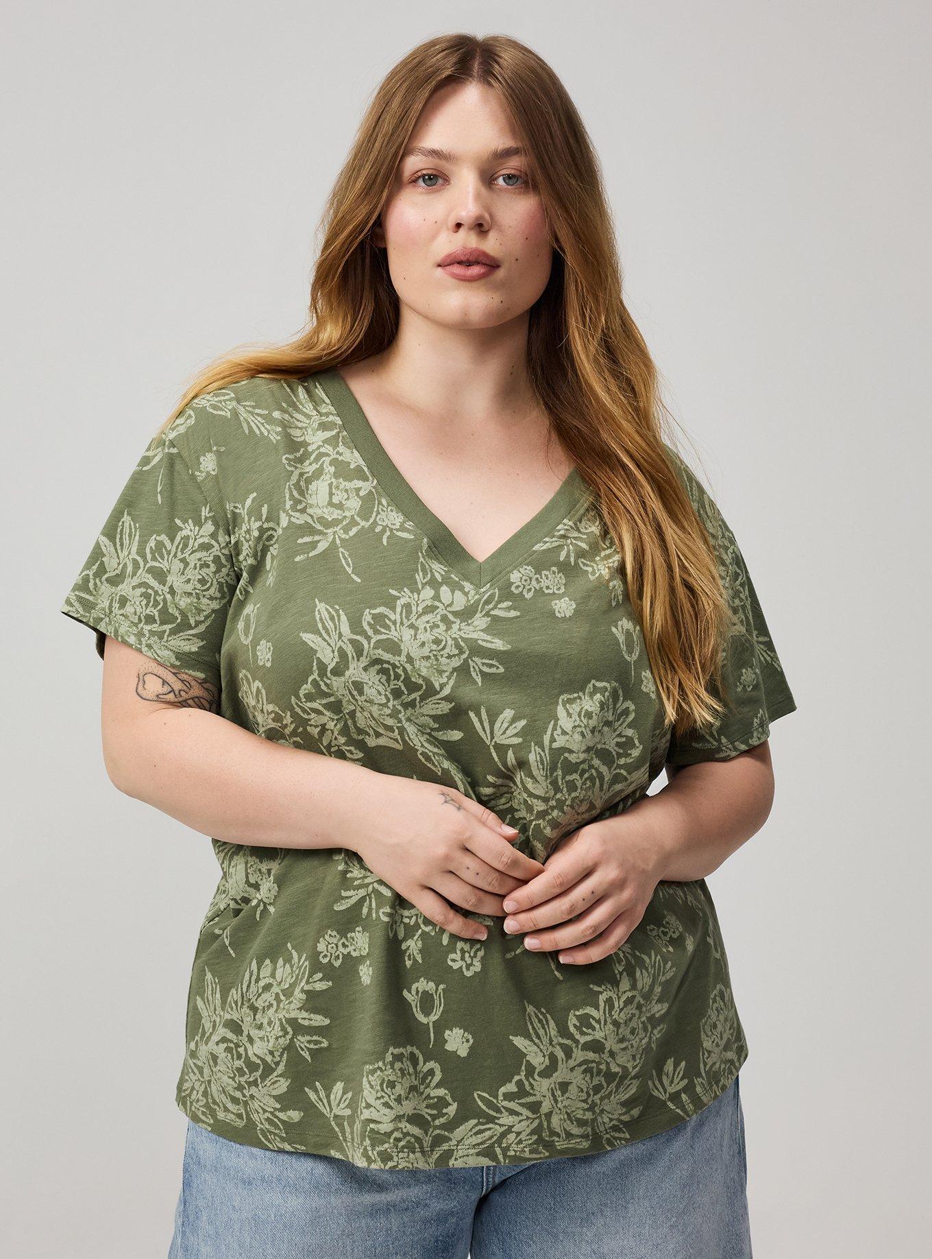 Plus Size Heritage Slub V-Neck Relaxed Tee, BENITA FLORAL GREEN, alternate