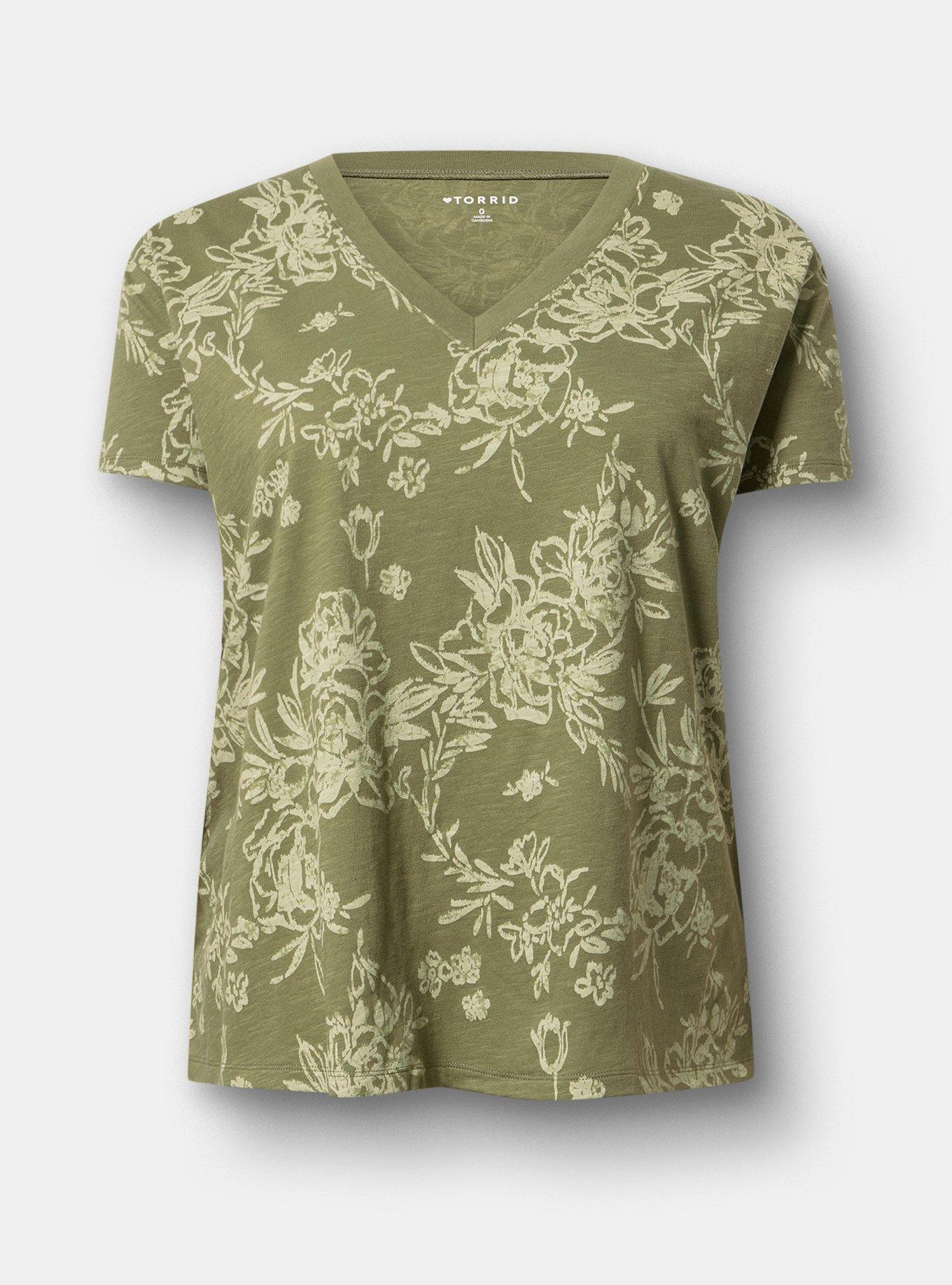 Plus Size Heritage Slub V-Neck Relaxed Tee, BENITA FLORAL GREEN, flat