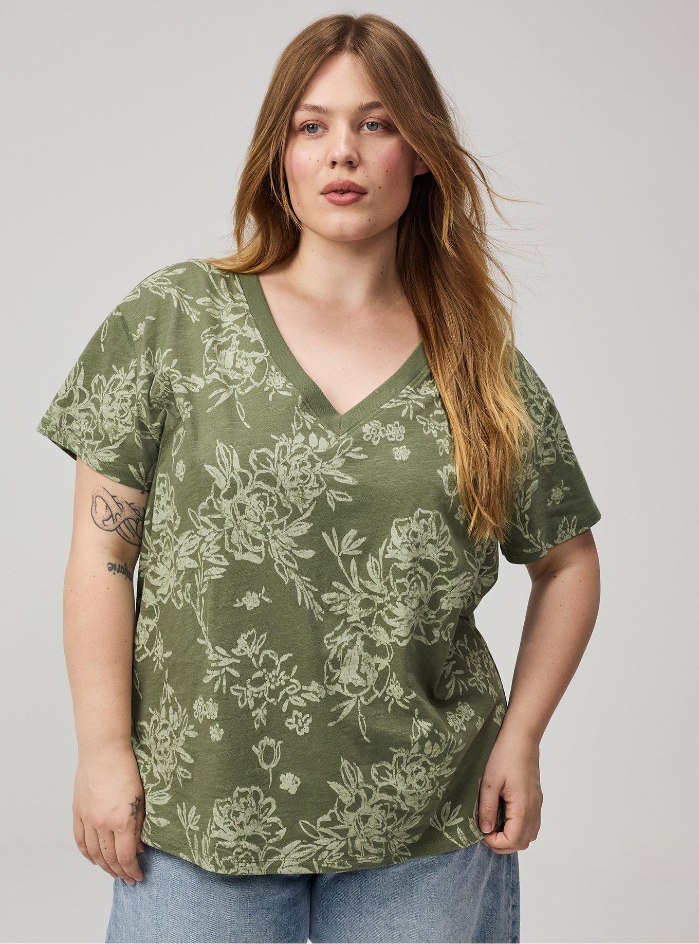 Plus Size Heritage Slub V-Neck Relaxed Tee, BENITA FLORAL GREEN, hi-res