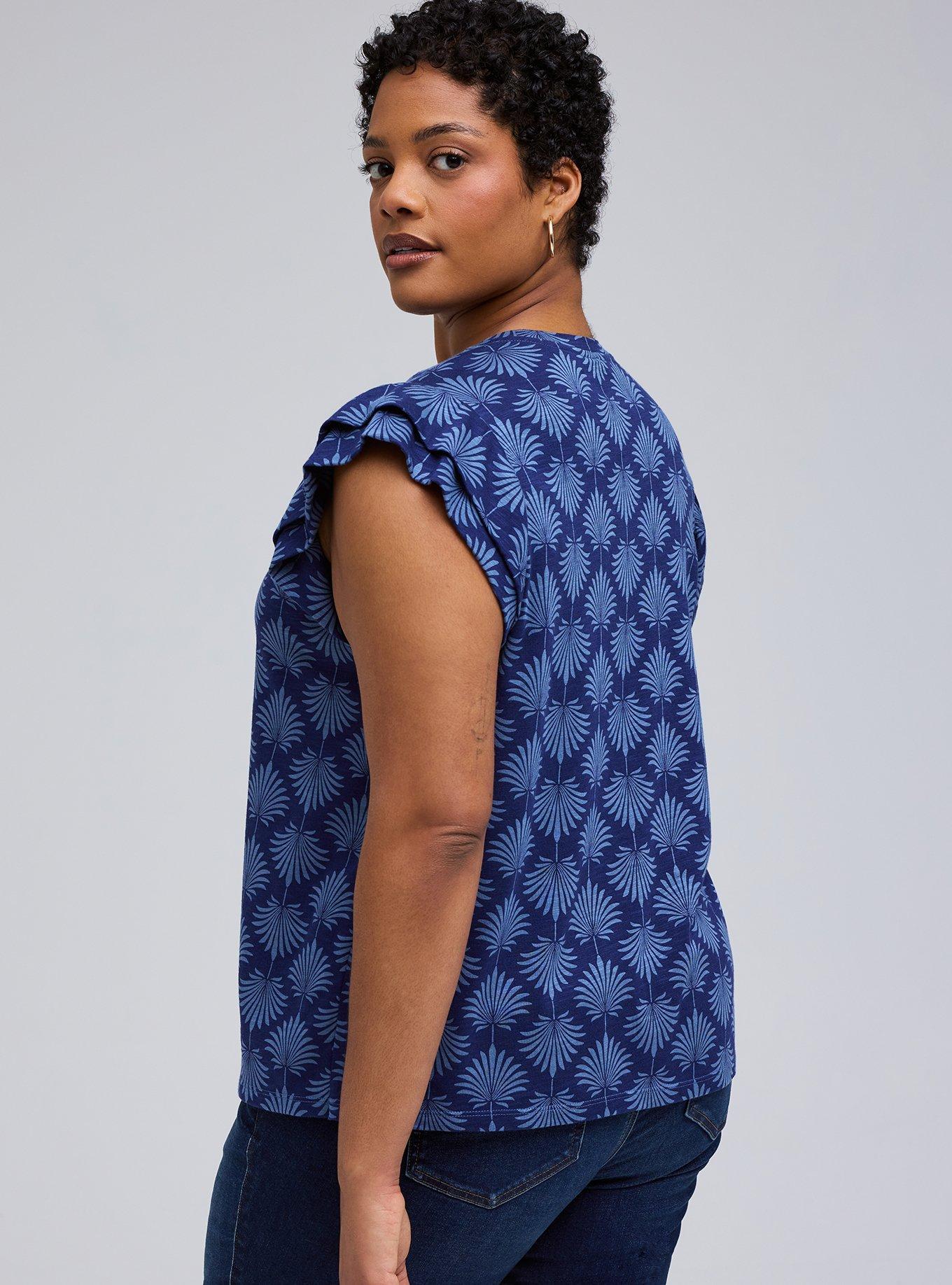 Belle Isle Flutter Sleeve Crew Tank, FANNED LEAVES NAVY, alternate