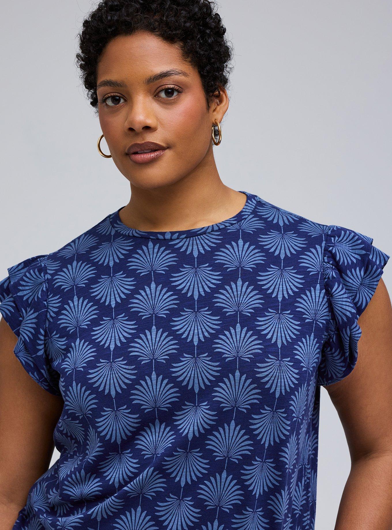 Belle Isle Flutter Sleeve Crew Tank, FANNED LEAVES NAVY, alternate