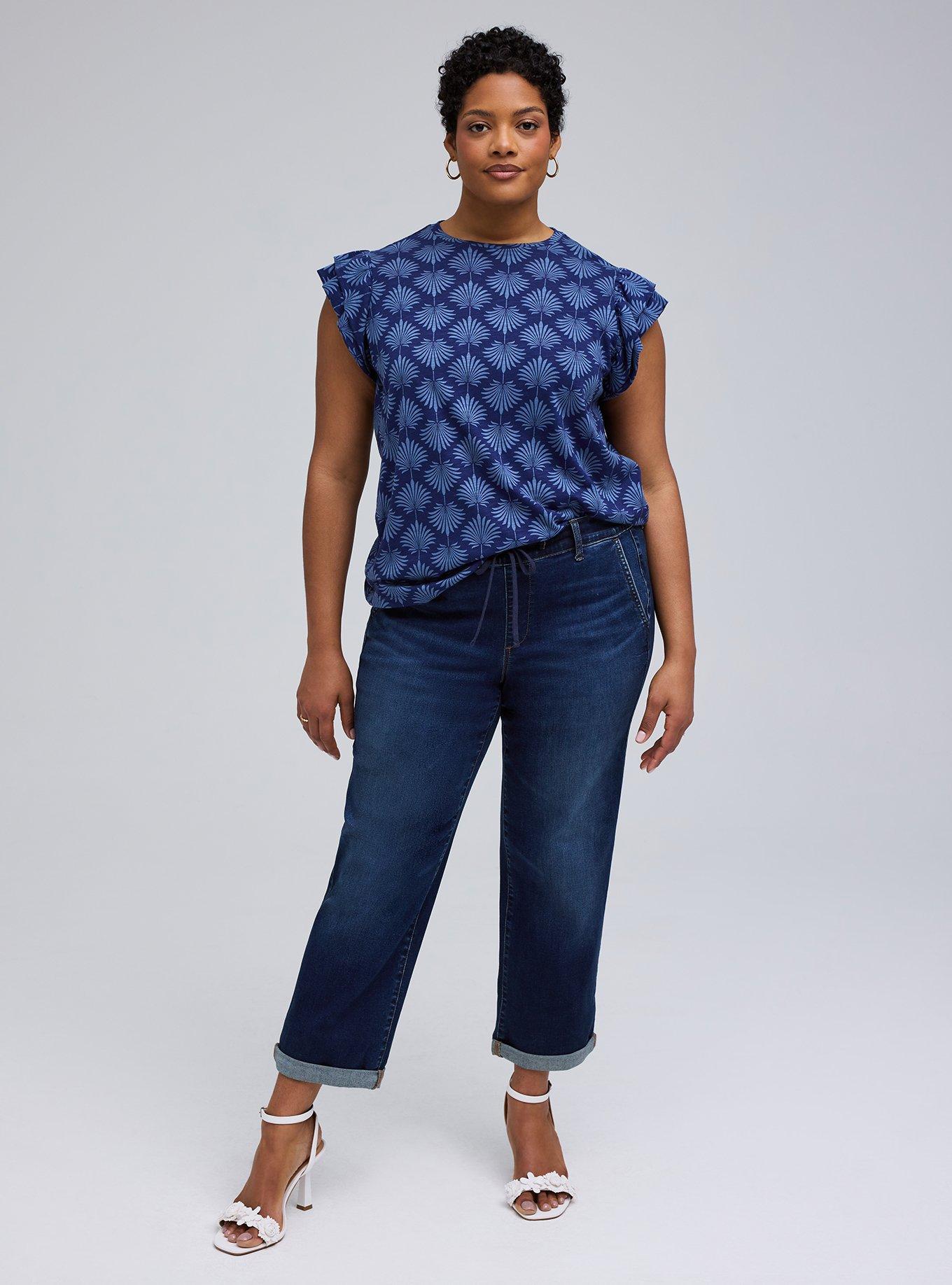 Belle Isle Flutter Sleeve Crew Tank, FANNED LEAVES NAVY, alternate