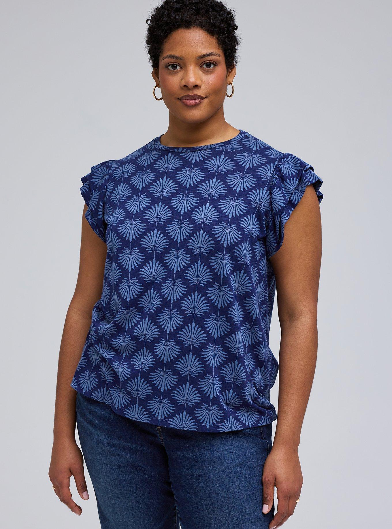 Plus Size Belle Isle Flutter Sleeve Crew Tank, FANNED LEAVES NAVY, hi-res
