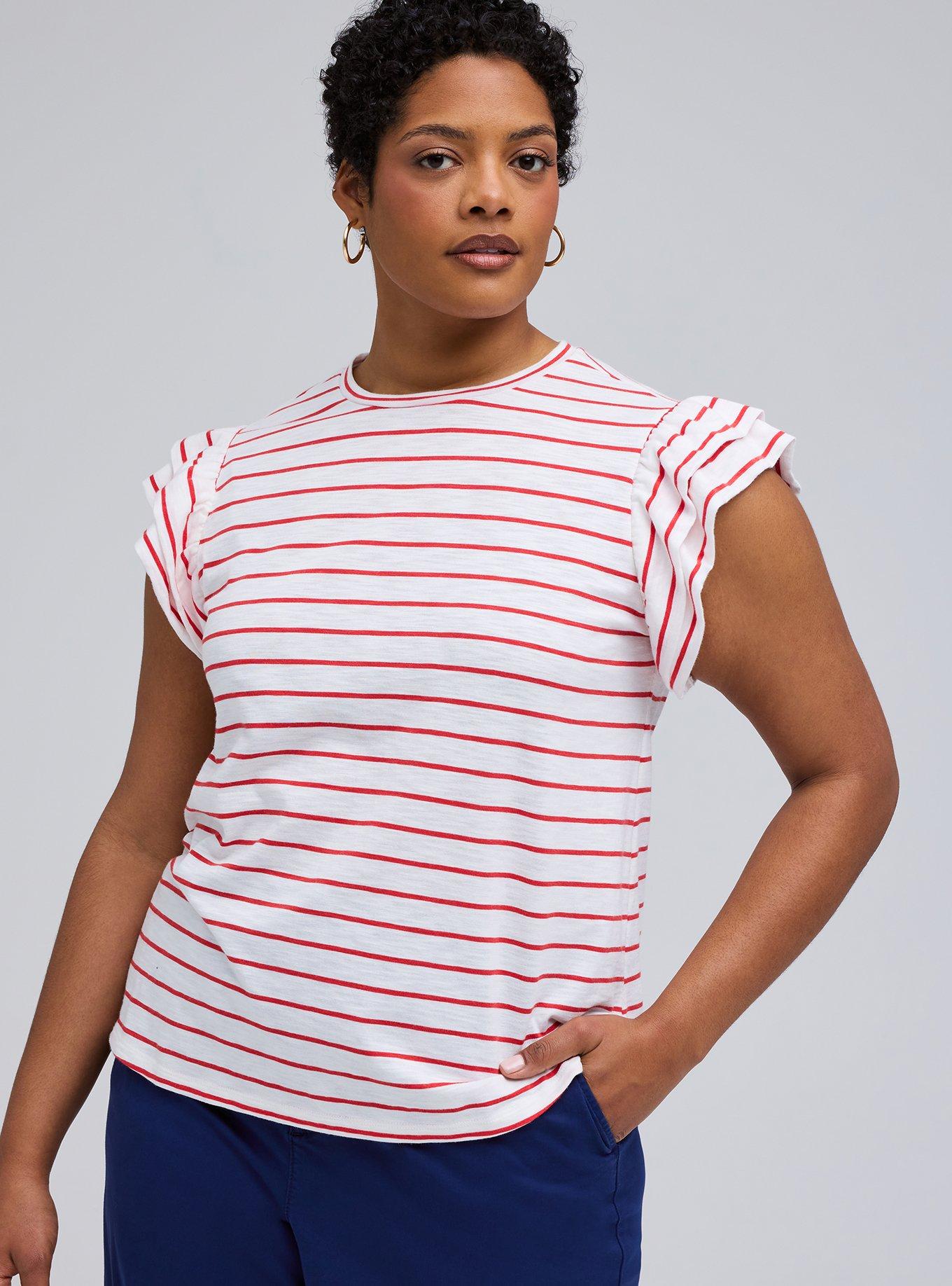 Belle Isle Flutter Sleeve Crew Tank, PERFECT STRIPE RED WHITE, hi-res