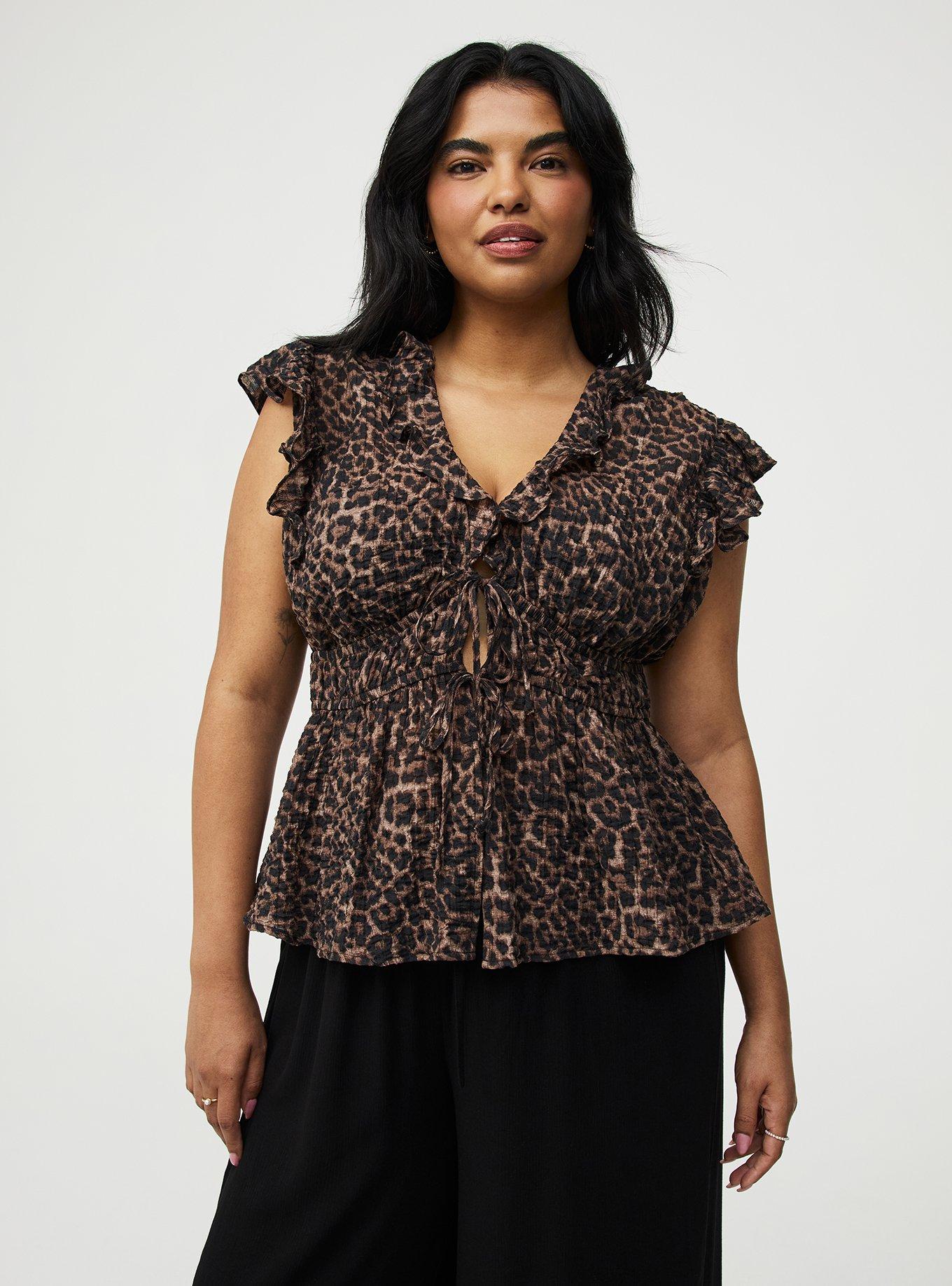 Ruffle V-Neck Tie Front Blouse, ON THE PROWL LEOPARD CHOCOLATE, alternate