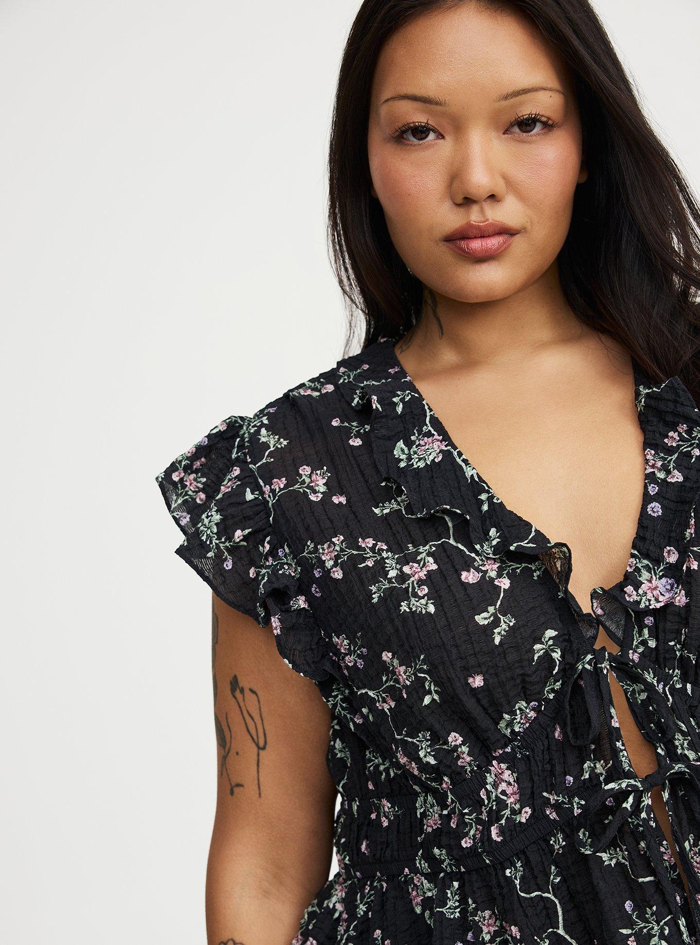 Ruffle V-Neck Tie Front Blouse, CRAWLING FLORAL BLACK, alternate