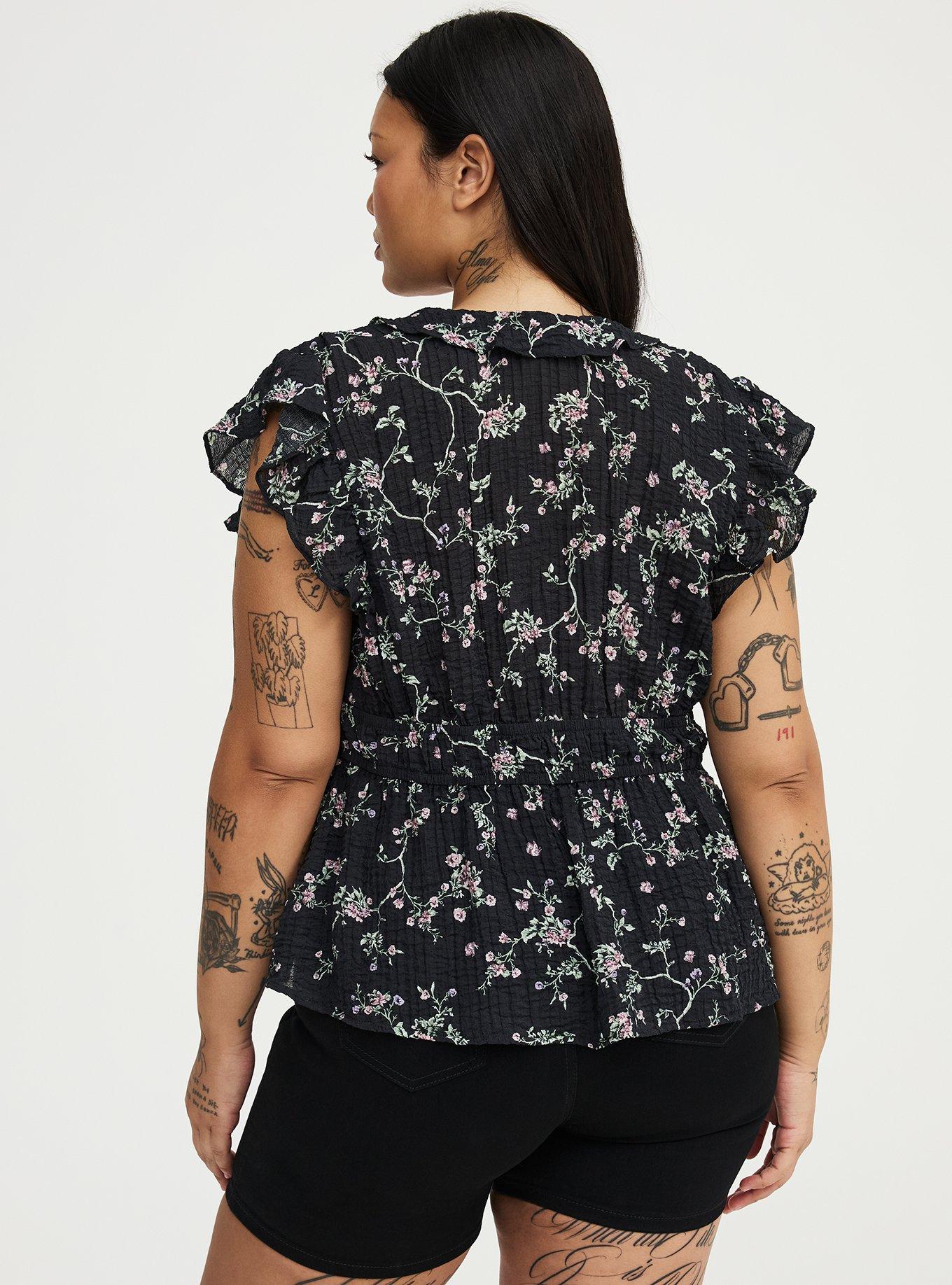 Ruffle V-Neck Tie Front Blouse, CRAWLING FLORAL BLACK, alternate