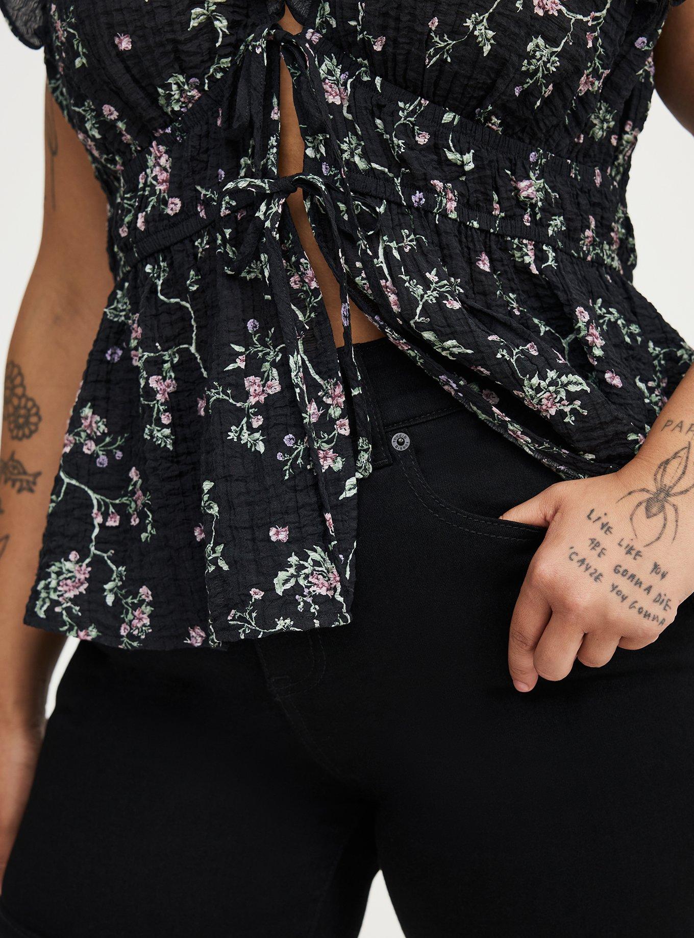 Ruffle V-Neck Tie Front Blouse, CRAWLING FLORAL BLACK, alternate