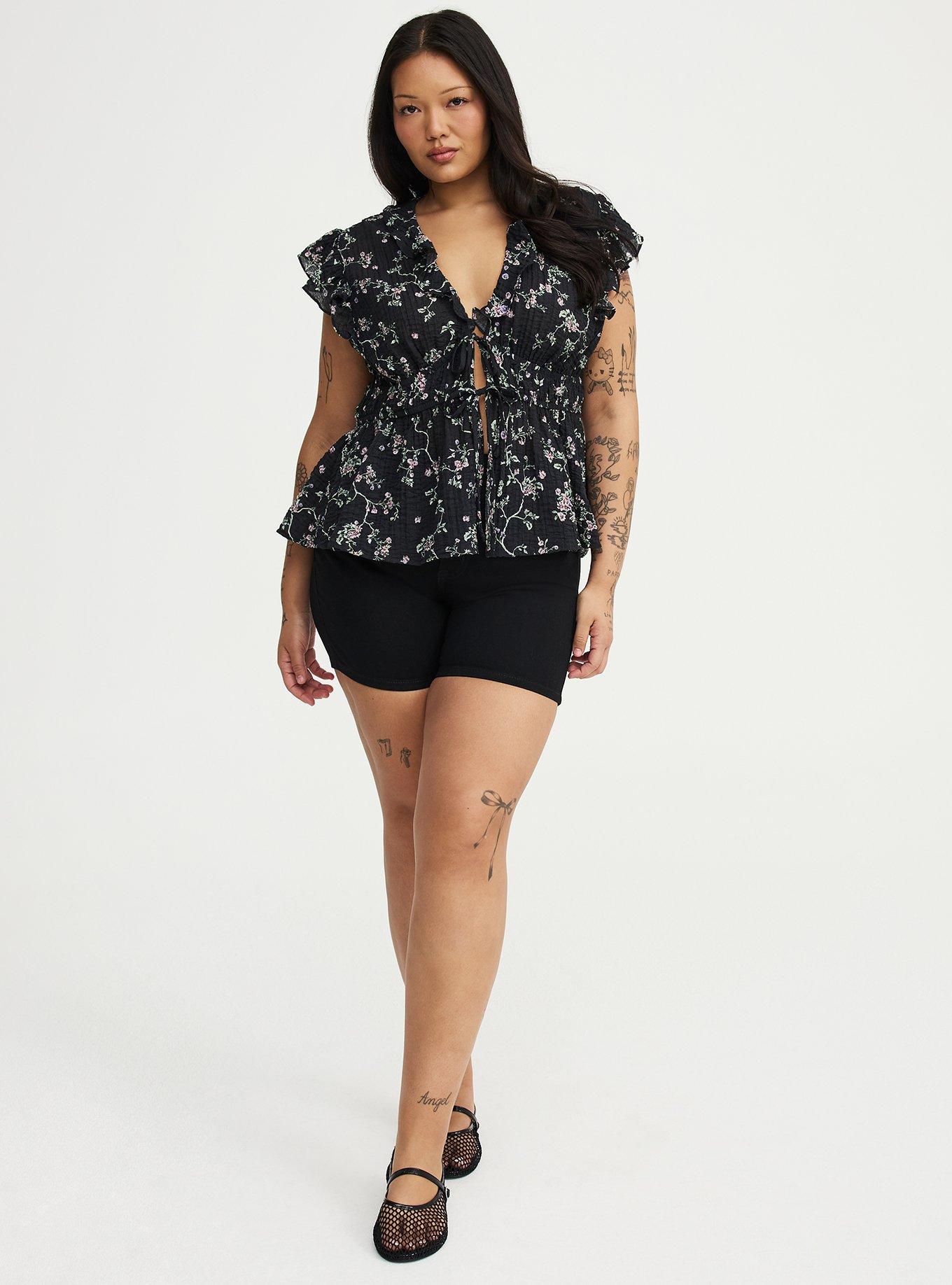 Ruffle V-Neck Tie Front Blouse, CRAWLING FLORAL BLACK, alternate