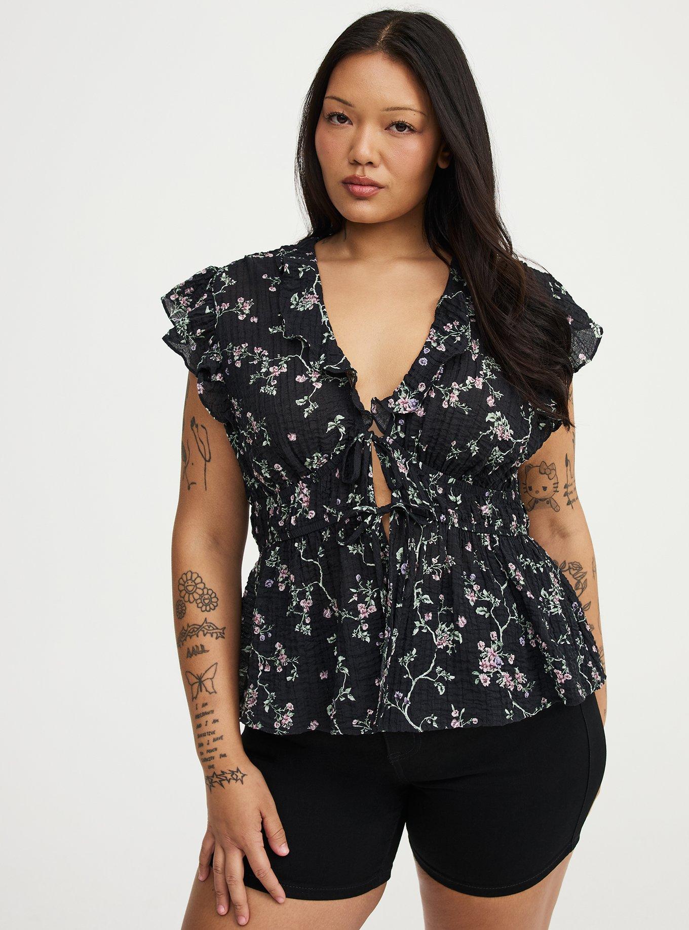 Ruffle V-Neck Tie Front Blouse, CRAWLING FLORAL BLACK, hi-res