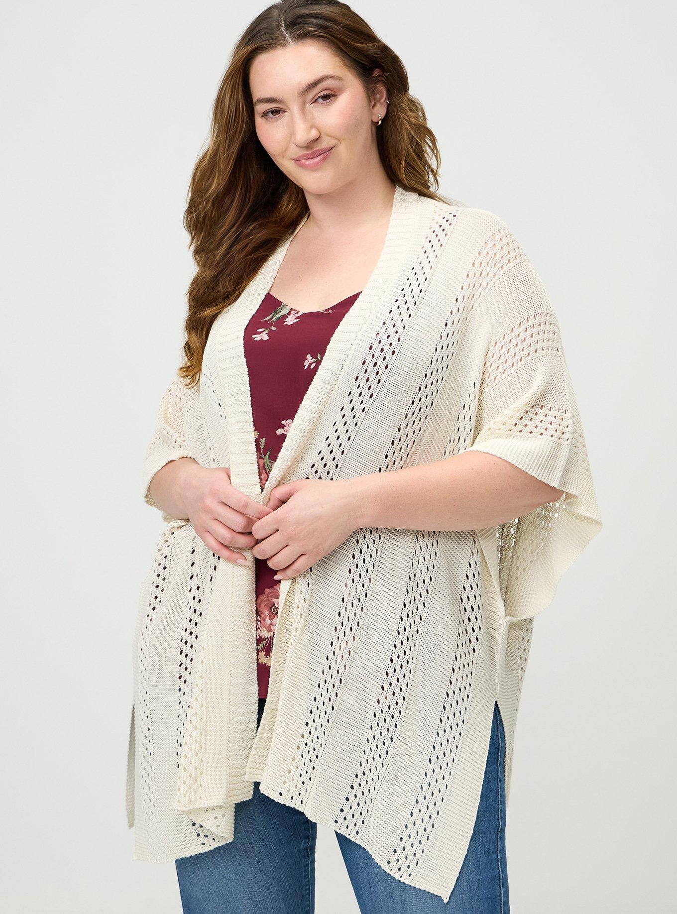 Plus Size Open Knit Ruana, CREAM, alternate