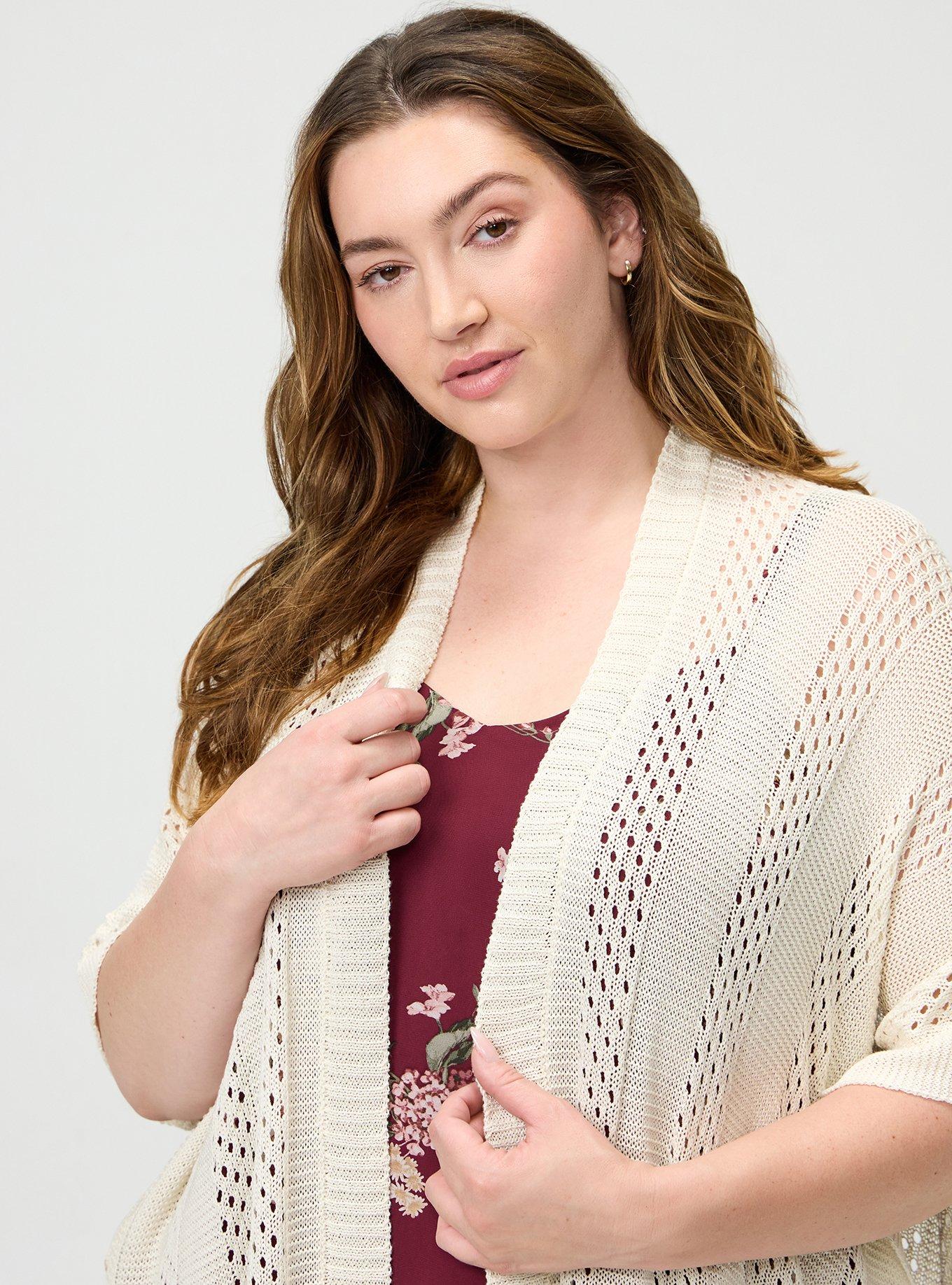 Plus Size Open Knit Ruana, CREAM, alternate