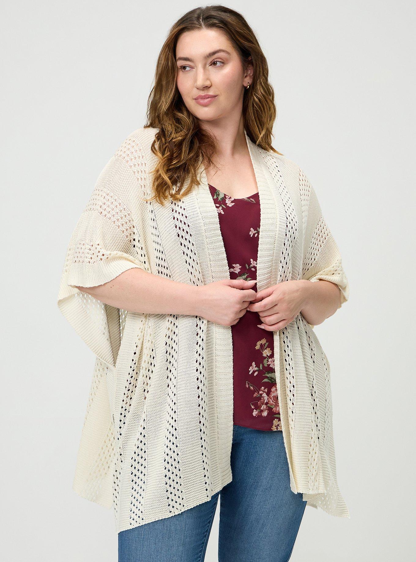 Plus Size Open Knit Ruana, CREAM, hi-res