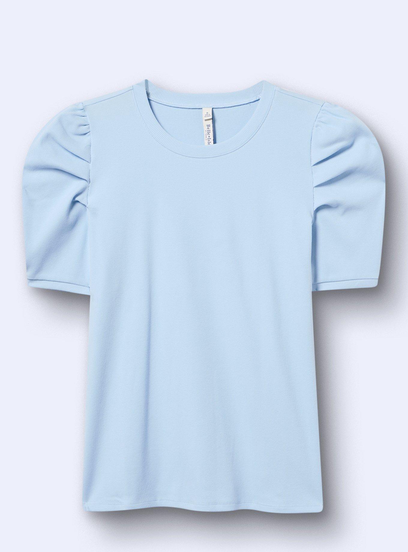 BELLE ISLE RUCHED SLEEVE CREW TEE, CERULEAN, flat