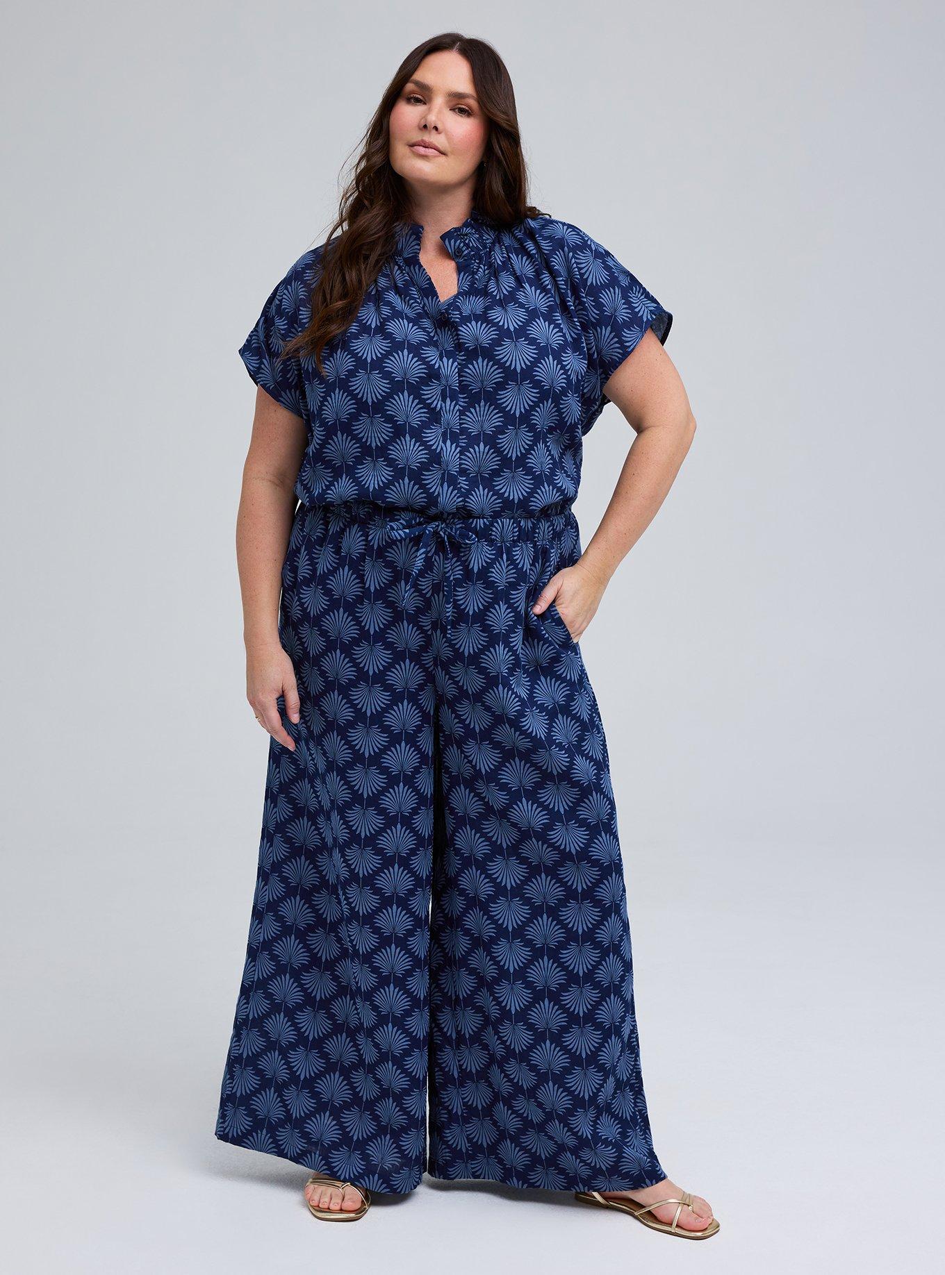 Belle Isle Drawstring Wide Leg Pant, FANNED LEAVES NAVY, hi-res
