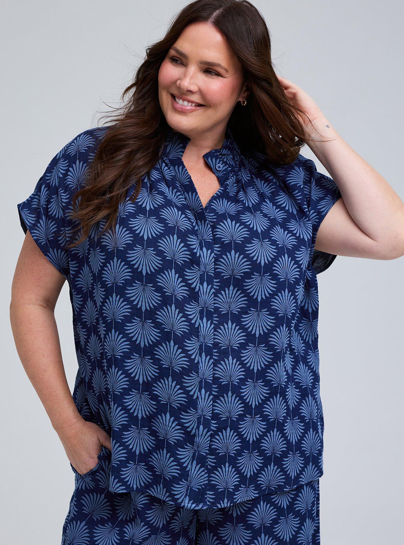 Belle Isle Cotton Linen Popover Top, FANNED LEAVES NAVY, hi-res