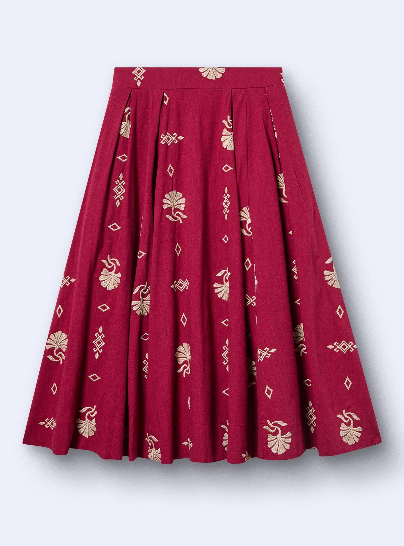 Belle Isle Embroidered Midi Skirt, BEET RED, flat
