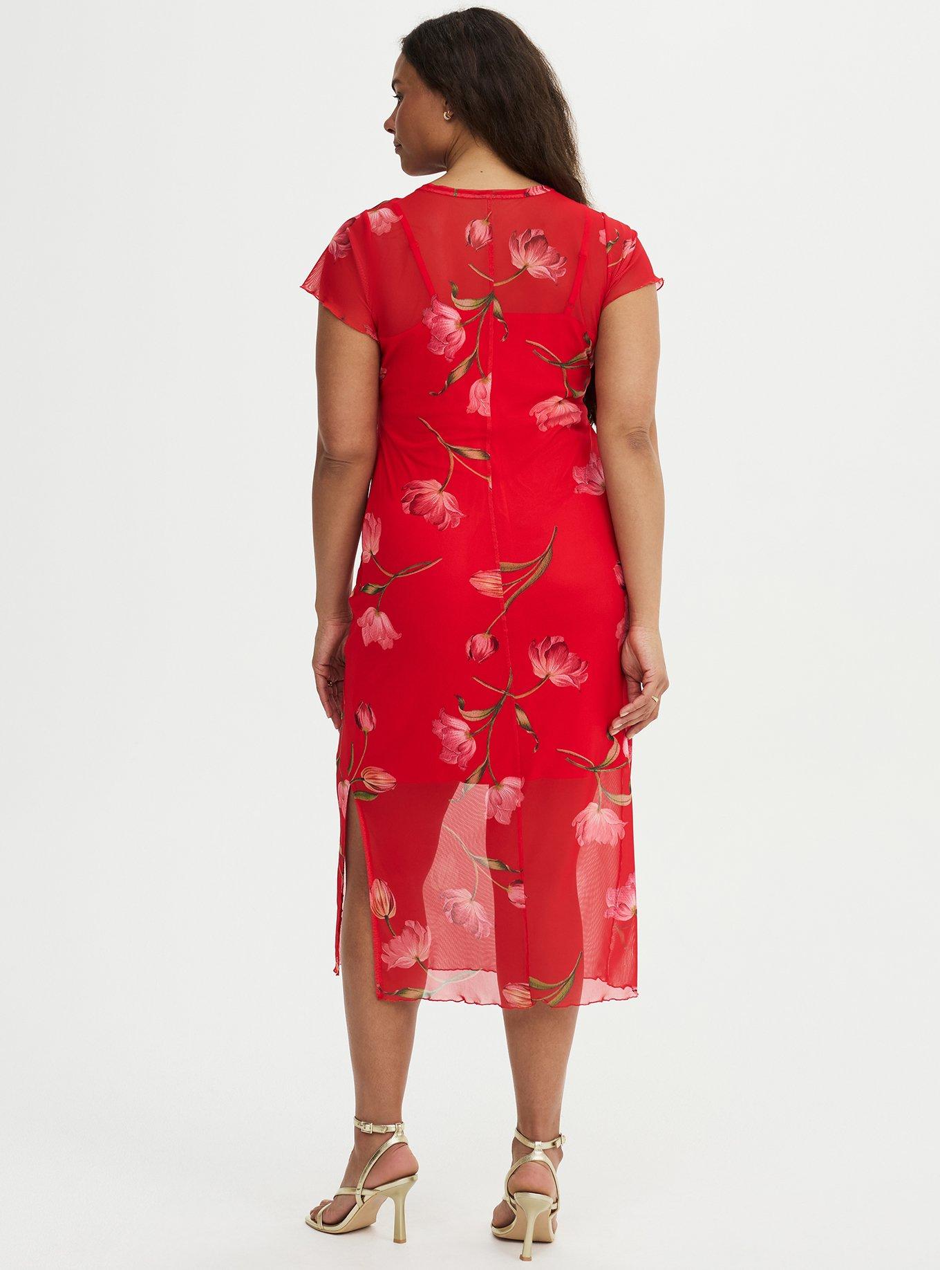 Tea Length Column Dress, SALMA FLORAL RED, alternate