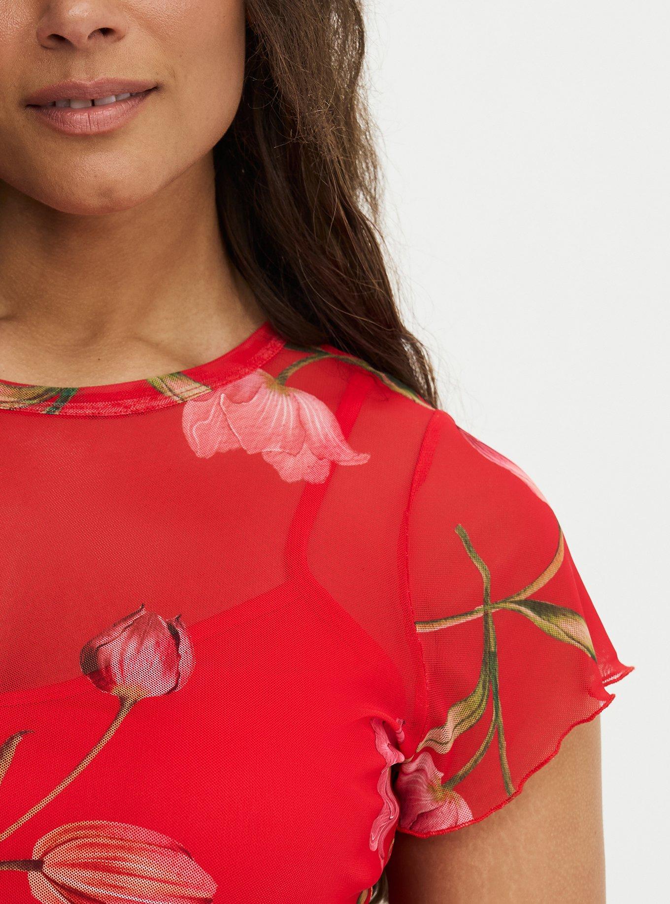 Tea Length Column Dress, SALMA FLORAL RED, alternate