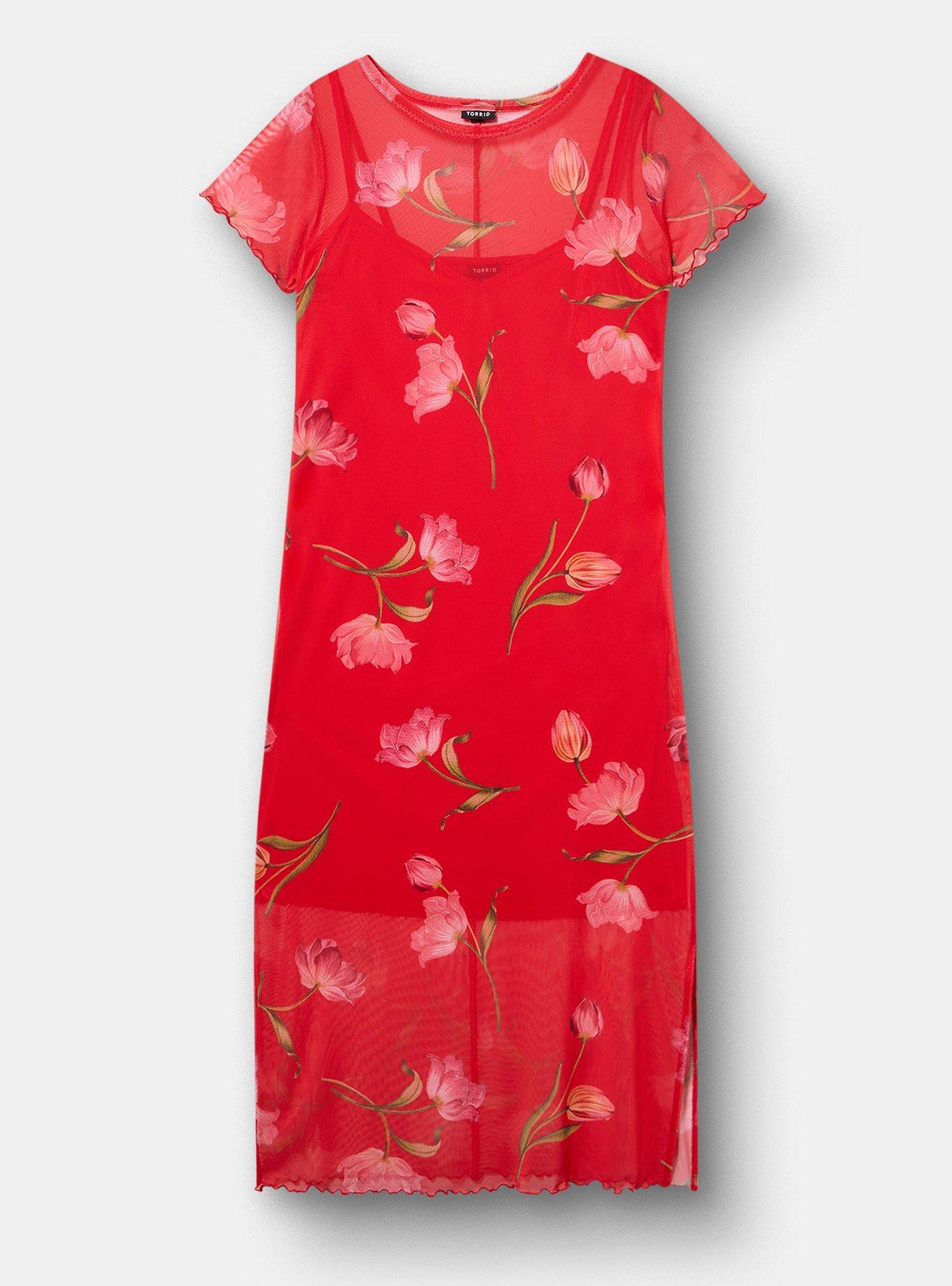 Tea Length Column Dress, SALMA FLORAL RED, hi-res