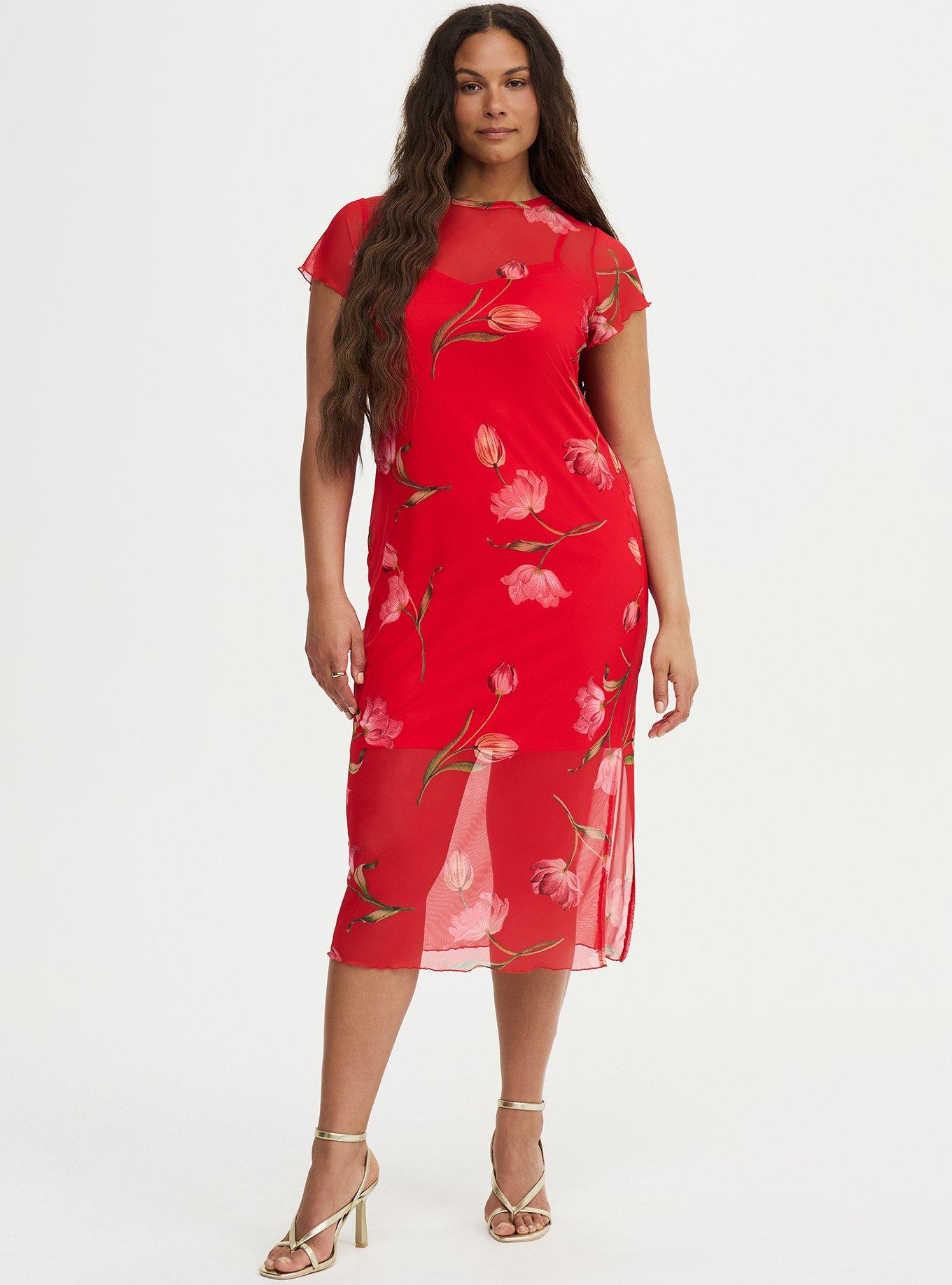 Tea Length Column Dress, SALMA FLORAL RED, hi-res