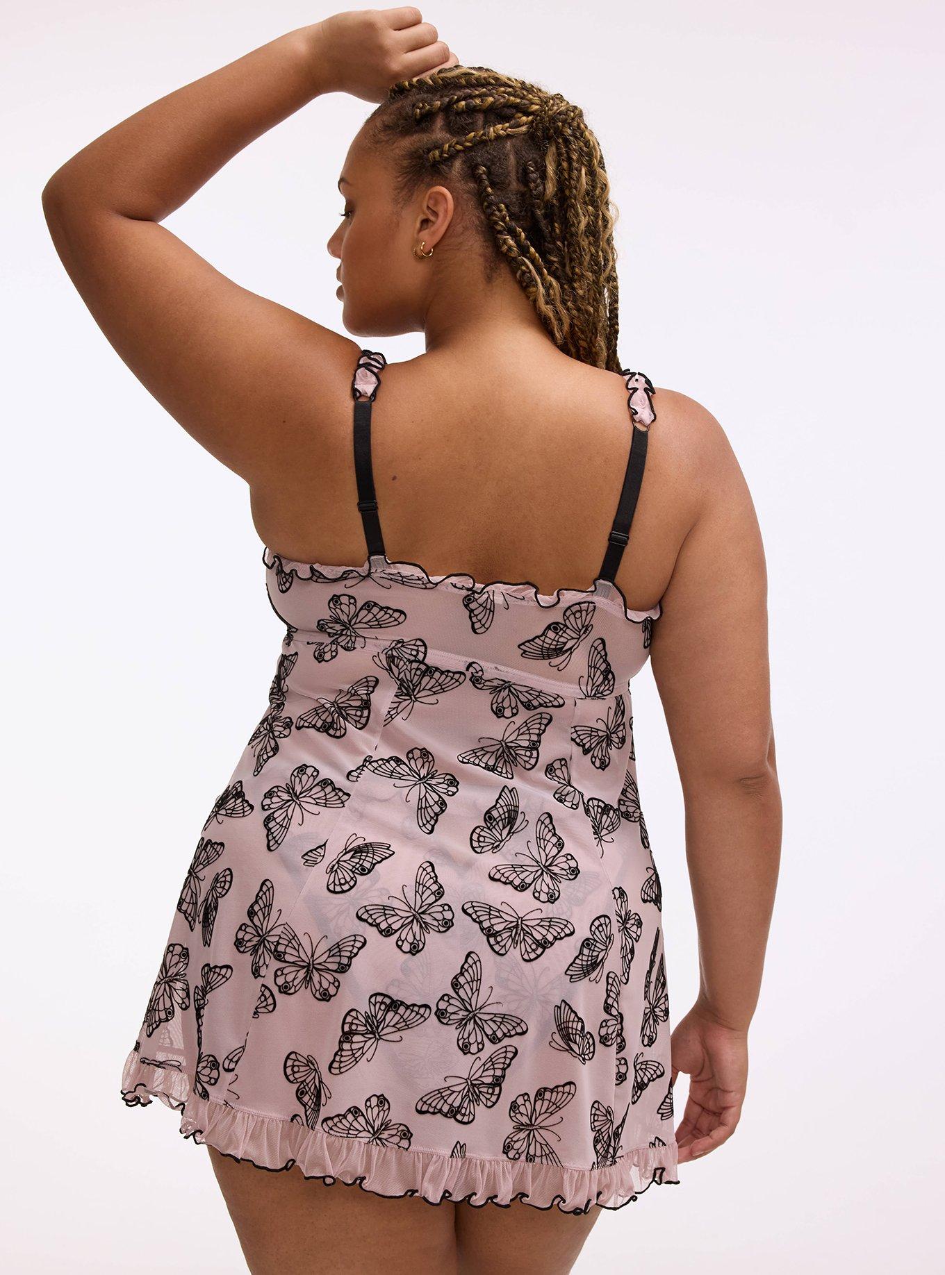 Plus Size Wireless Flocked Mesh Babydoll Dress, DELICATE BUTTERFLY LAVENDER, alternate