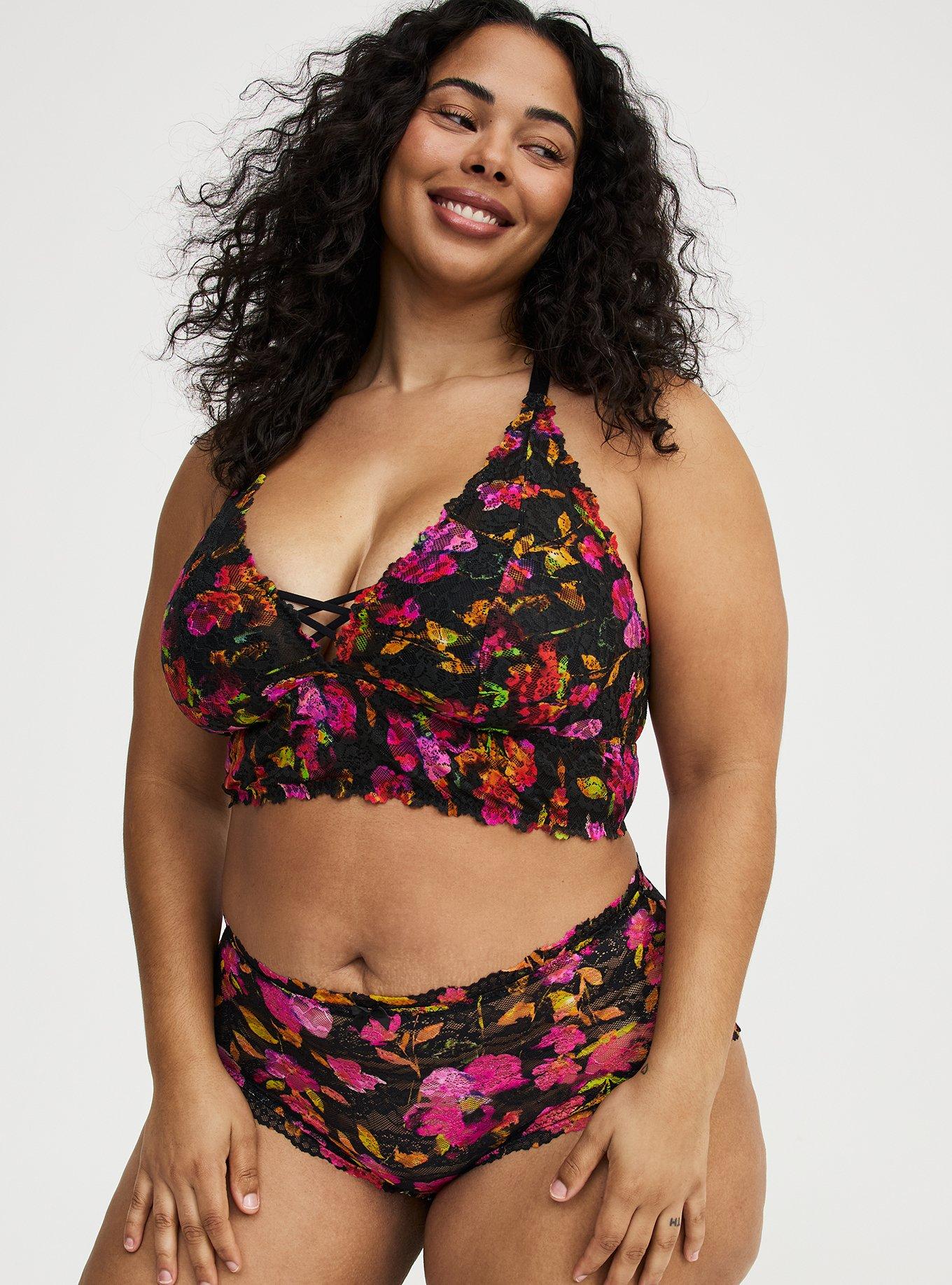 Plus Size Simply Lace Mid-Rise Brief Panty, LIVELY FLORALS RICH BLACK, hi-res