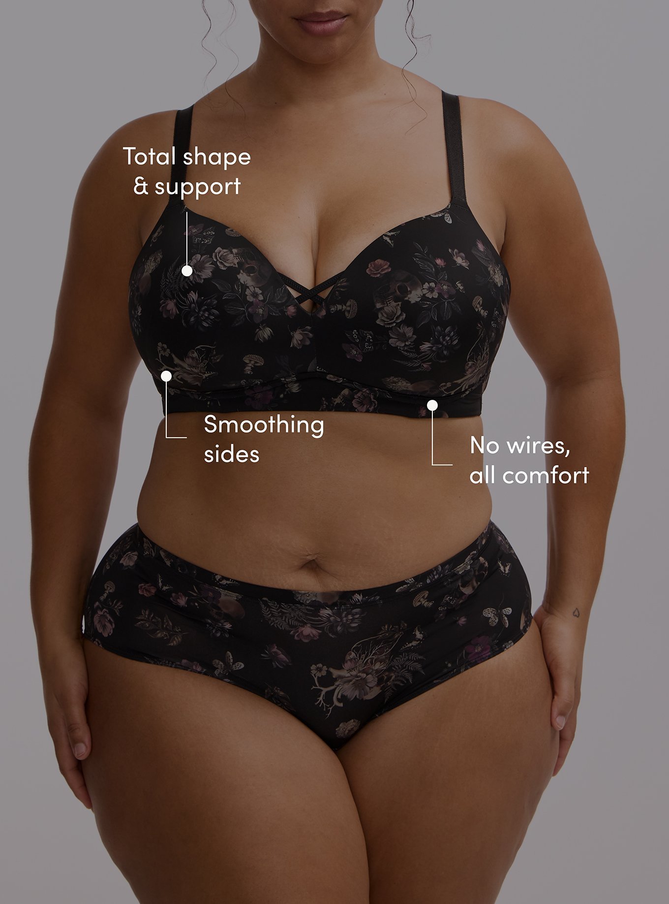 Wire-Free Push-Up Smooth Bra, SKULL FOREST FLORAL BLACK, alternate