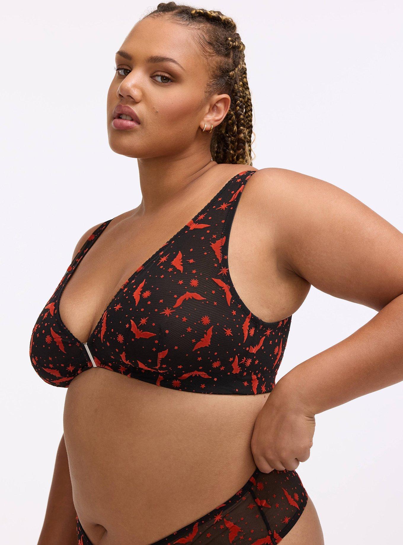 Unlined Plunge Front-Close Bralette, MOON BATS ORANGE, alternate