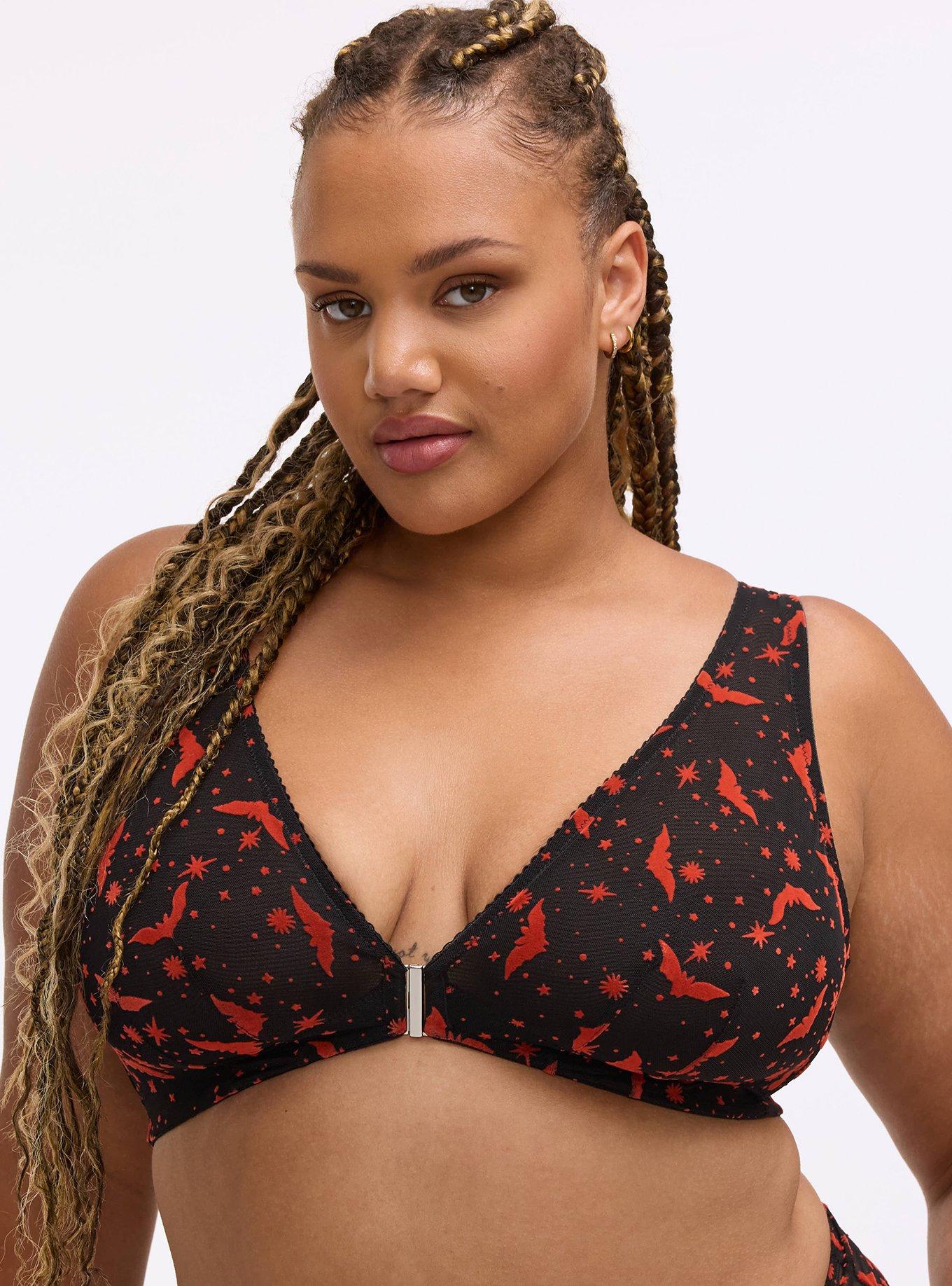 Unlined Plunge Front-Close Bralette, MOON BATS ORANGE, hi-res