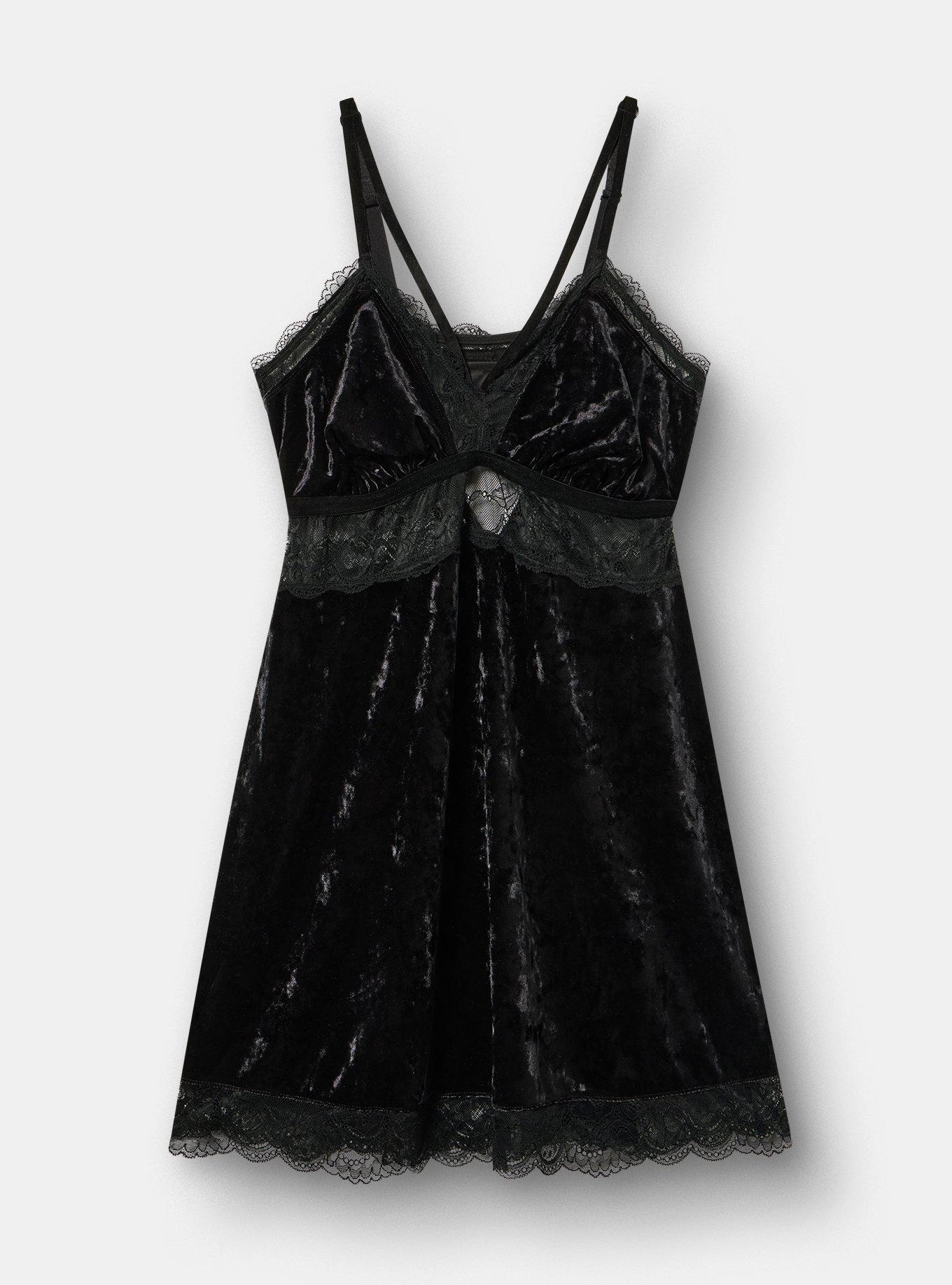 Plus Size Strappy Velour Lingerie Slip, RICH BLACK, flat