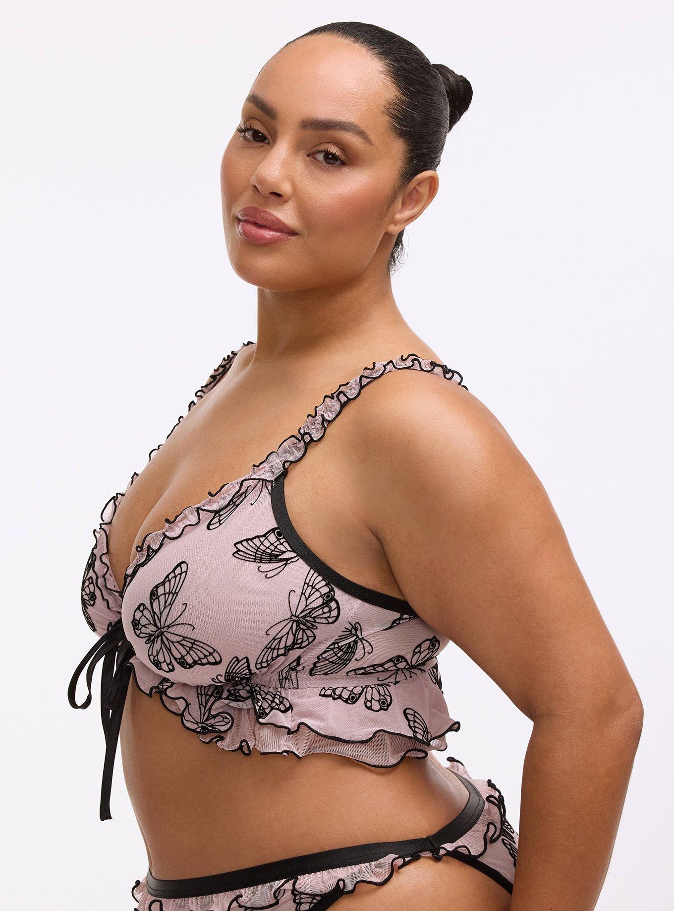 Plus Size Wireless Flocked Mesh Bralette, DELICATE BUTTERFLY LAVENDER, alternate