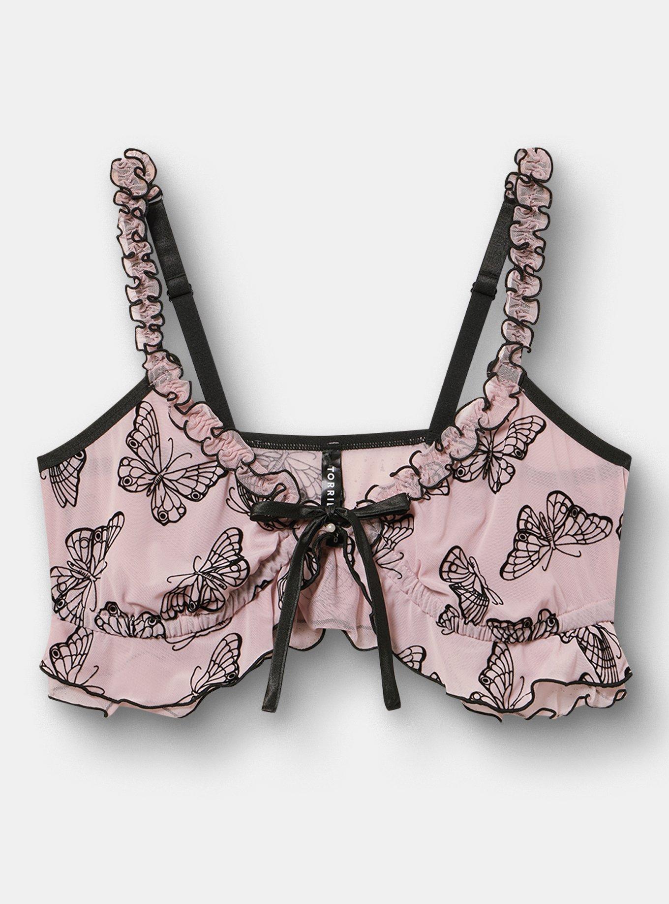 Plus Size Wireless Flocked Mesh Bralette, DELICATE BUTTERFLY LAVENDER, flat